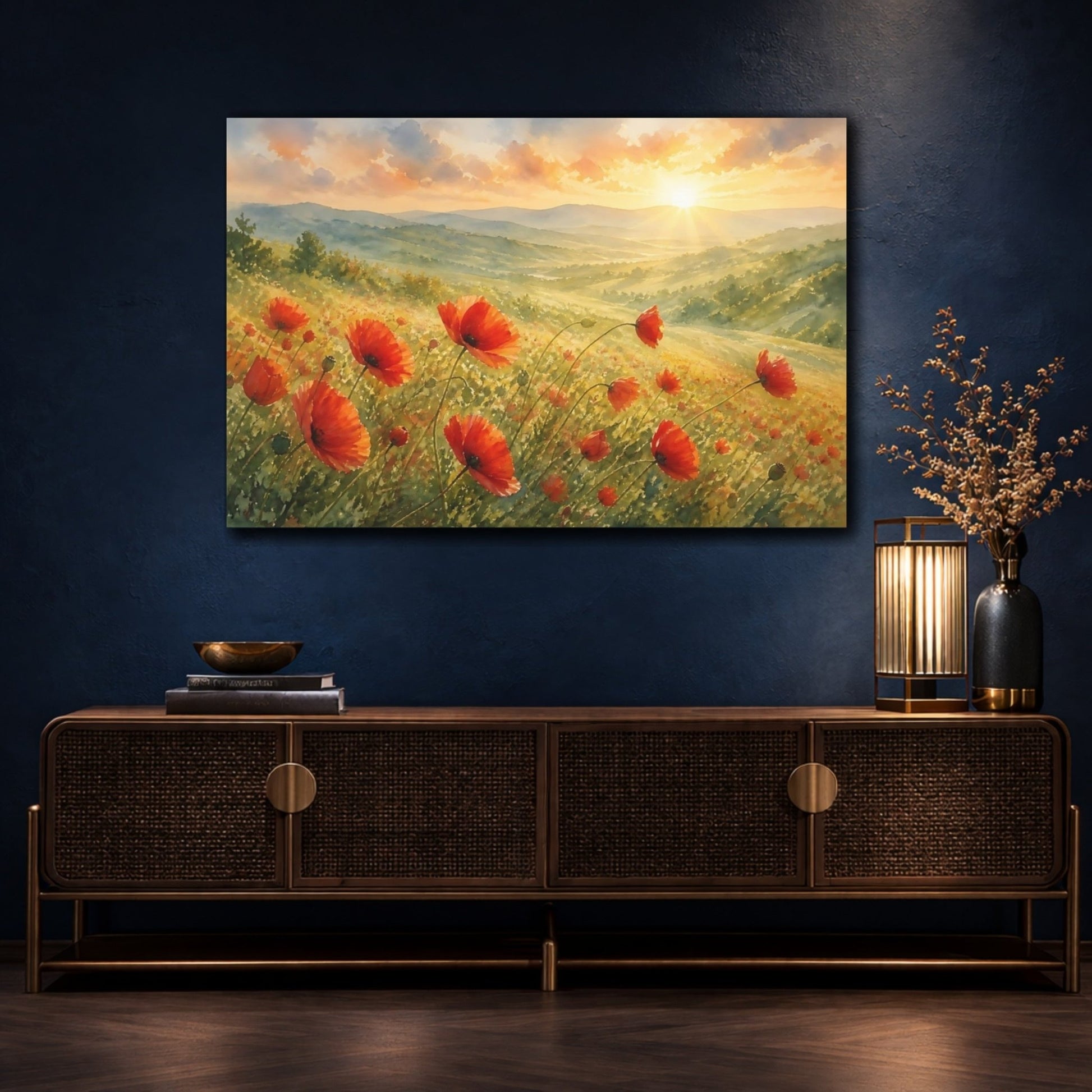 Sunrise Poppy Field Canvas Print Wall Art – Living Room Decor, Above Fireplace - YesArtYes