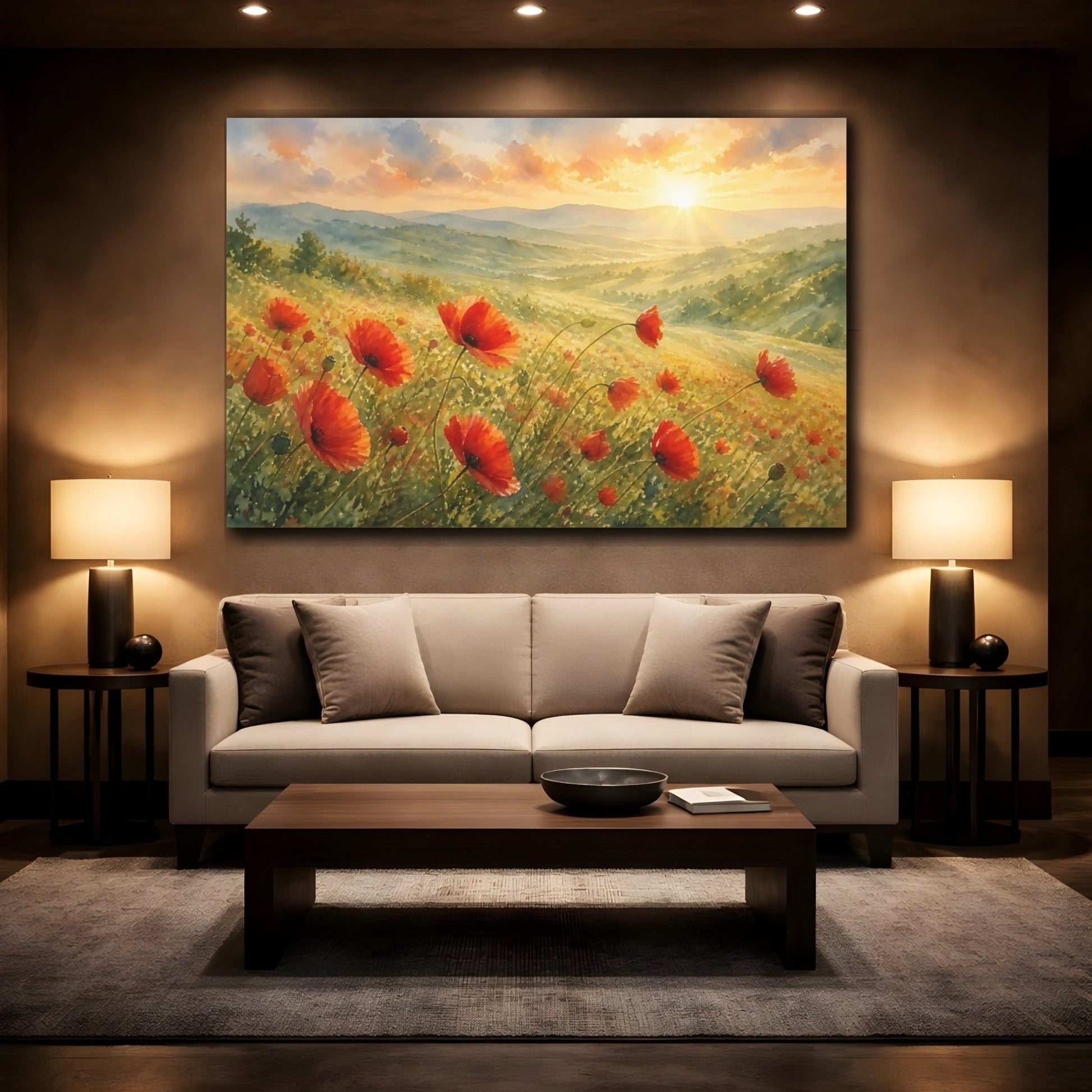 Sunrise Poppy Field Canvas Print Wall Art – Living Room Decor, Above Fireplace - YesArtYes