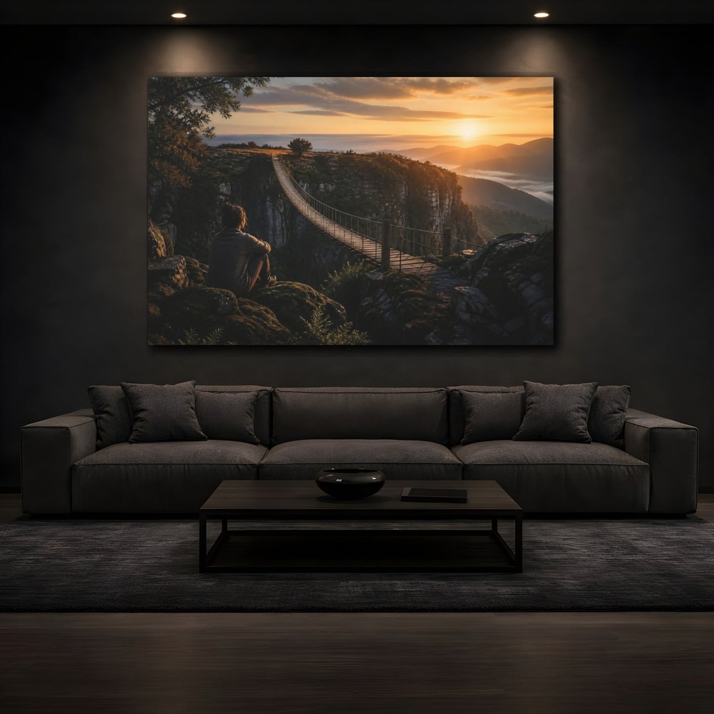 Sunrise Suspension Bridge Canvas Print – Living Room, Above Console Table, Golden - YesArtYes