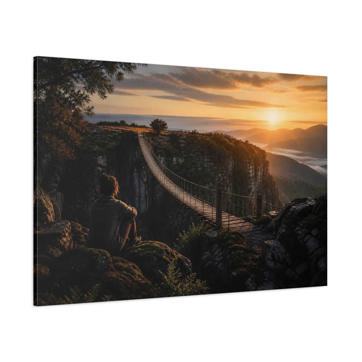 Sunrise Suspension Bridge Canvas Print – Living Room, Above Console Table, Golden - YesArtYes