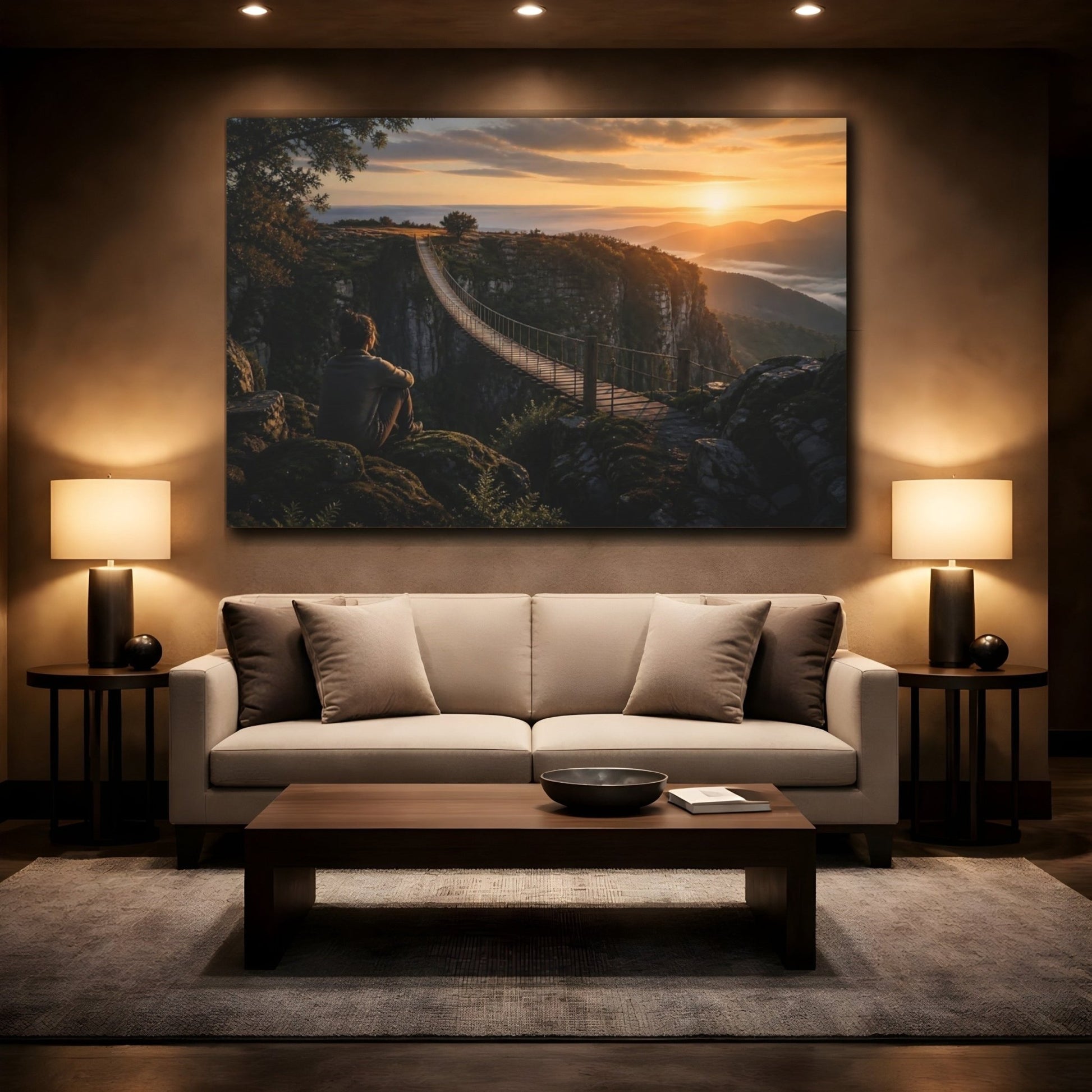 Sunrise Suspension Bridge Canvas Print – Living Room, Above Console Table, Golden - YesArtYes