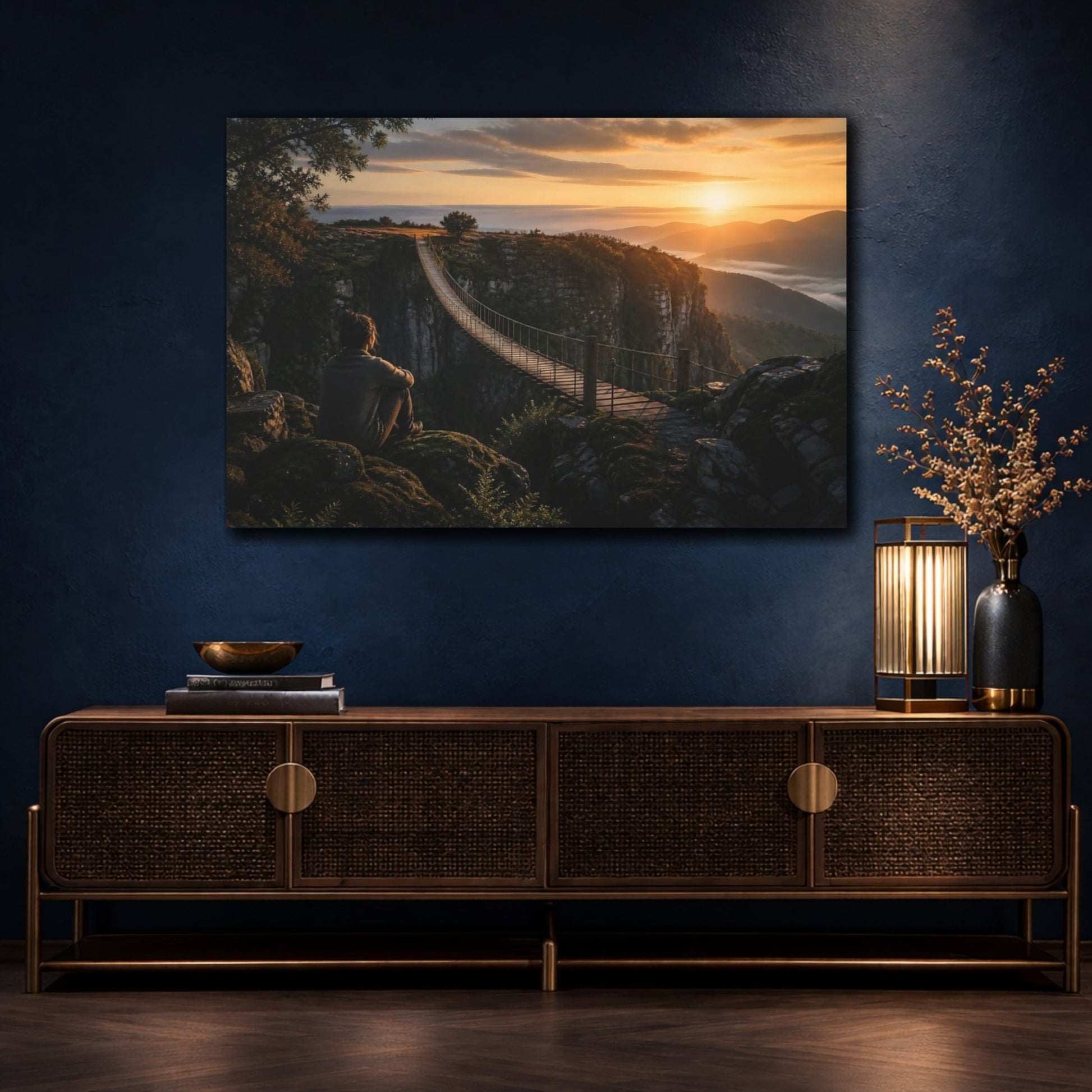 Sunrise Suspension Bridge Canvas Print – Living Room, Above Console Table, Golden - YesArtYes