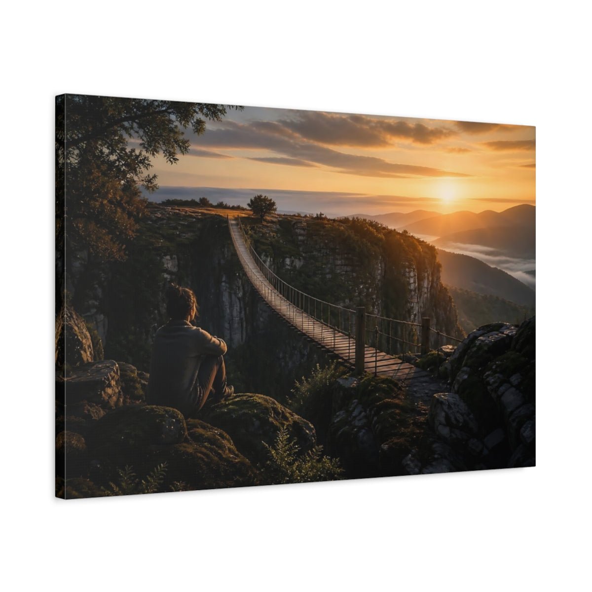 Sunrise Suspension Bridge Canvas Print – Living Room, Above Console Table, Golden - YesArtYes