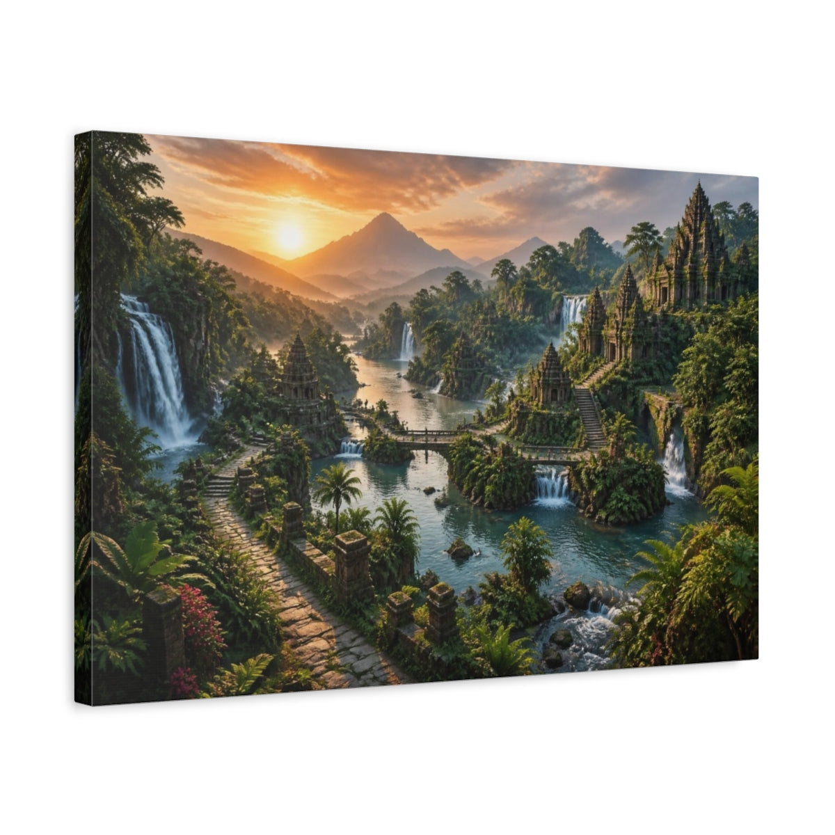 Side Mockup 3. Sunrise Temple Landscape shown as canvas print