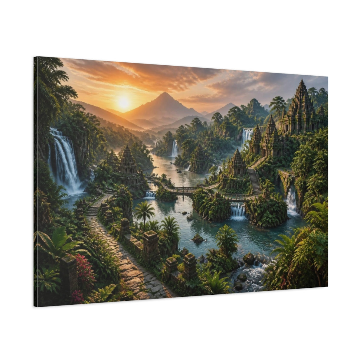 Side Mockup 1. Sunrise Temple Landscape shown as canvas print