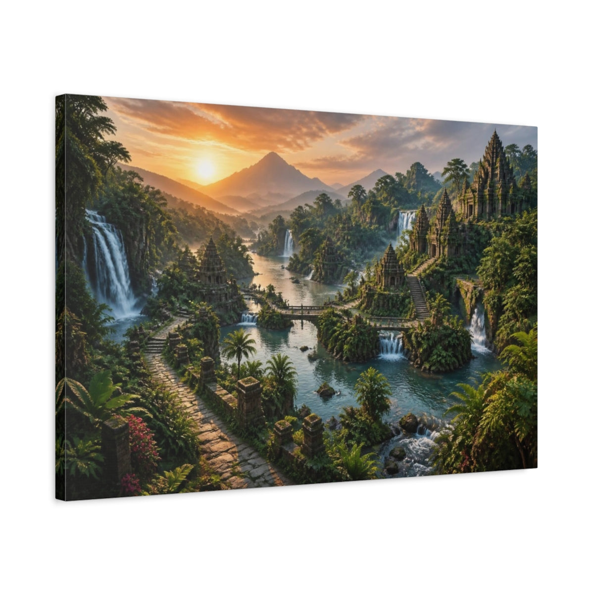 Side Mockup 2. Sunrise Temple Landscape shown as canvas print