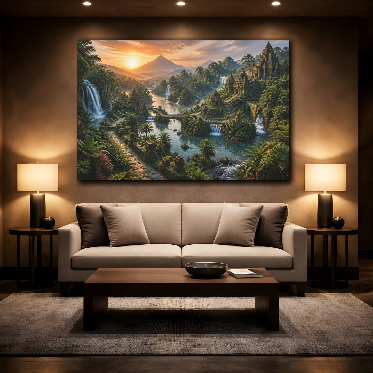 Mockup 2. Sunrise Temple Landscape shown as canvas print