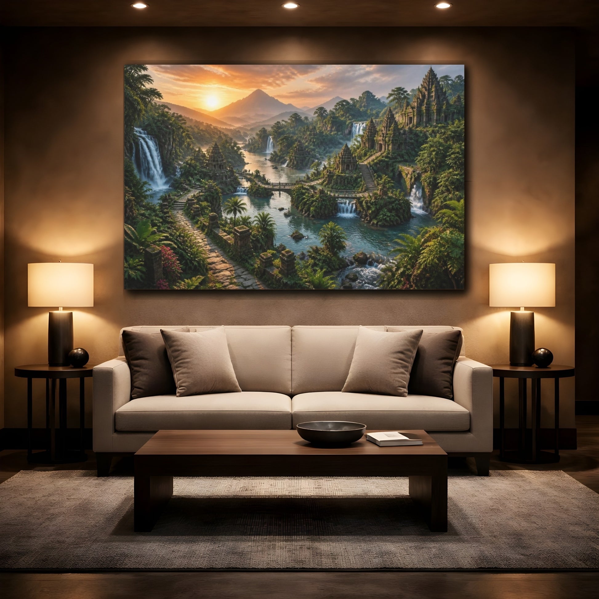 Mockup 2. Sunrise Temple Landscape shown as canvas print