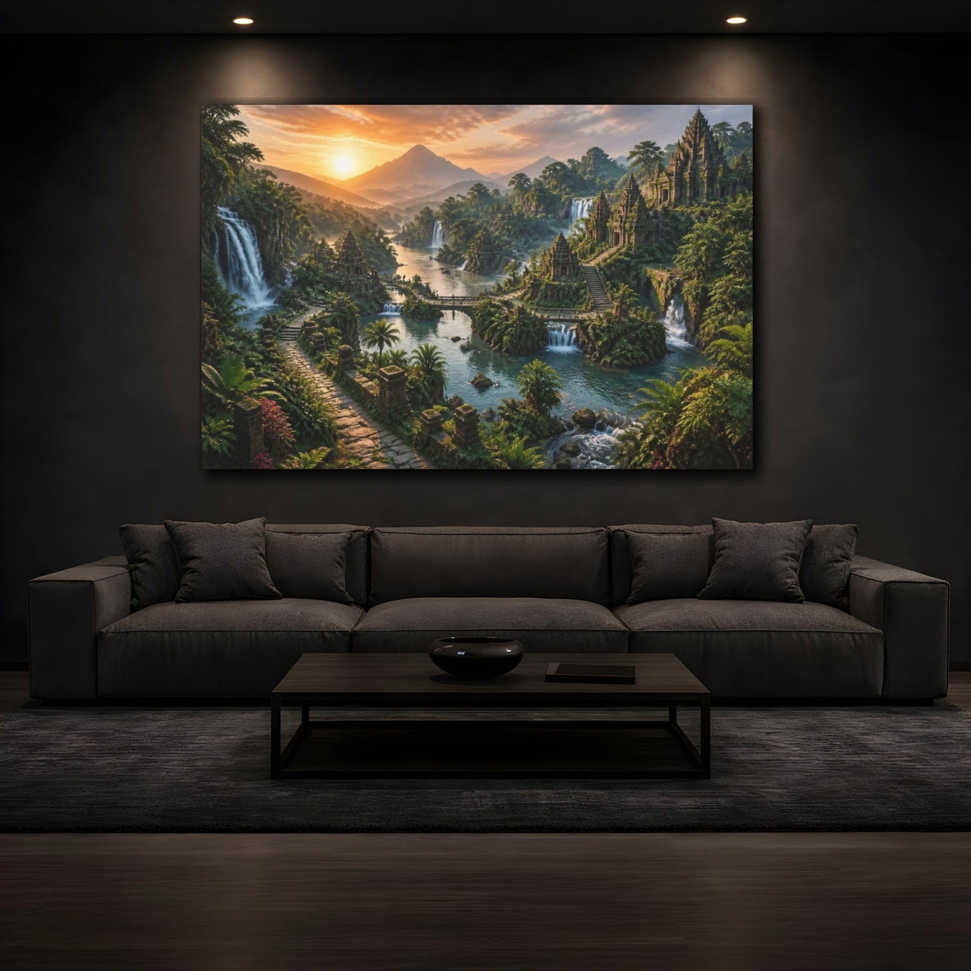 Mockup 3. Sunrise Temple Landscape shown as canvas print