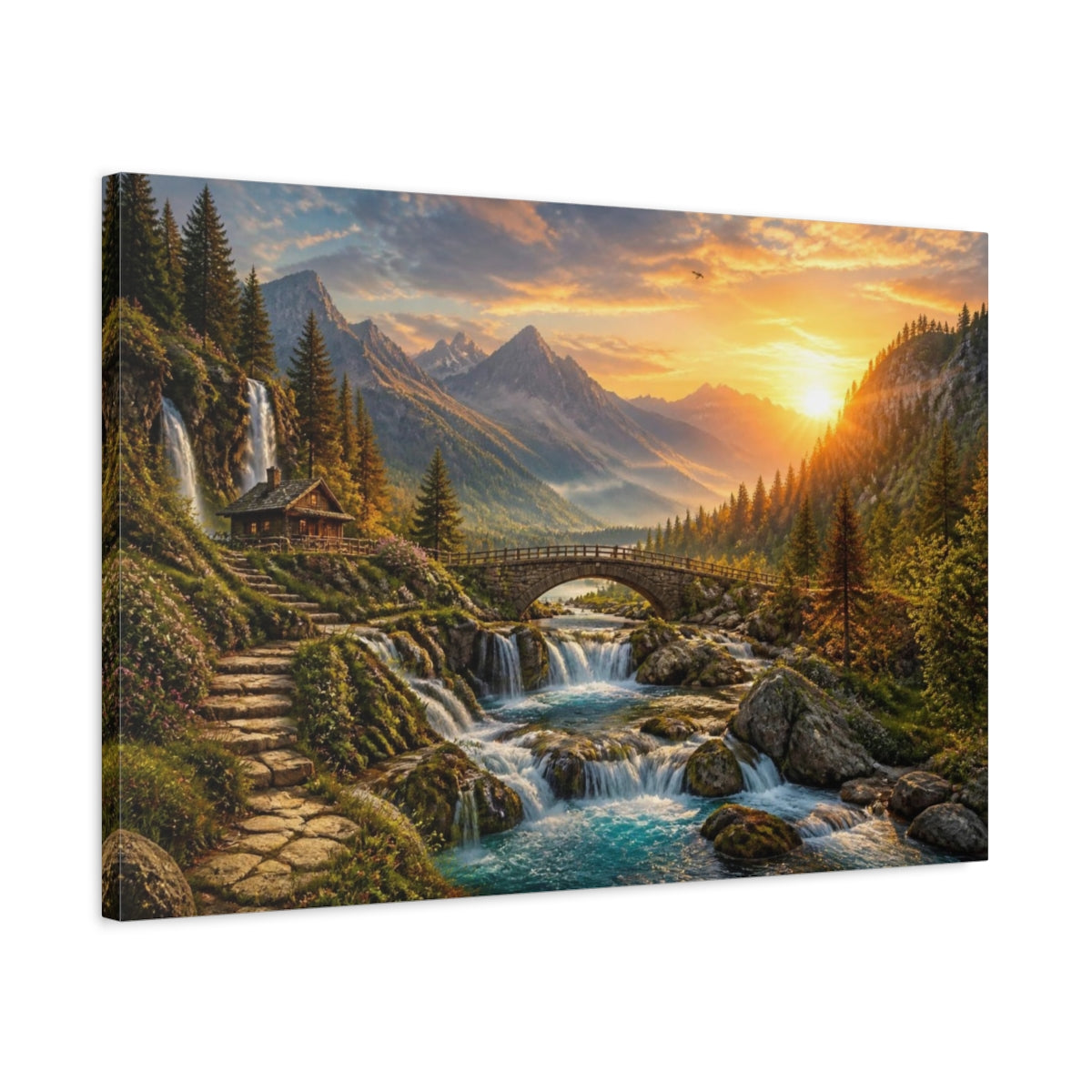 Side Mockup 2. Sunrise Waterfall Landscape shown as canvas print