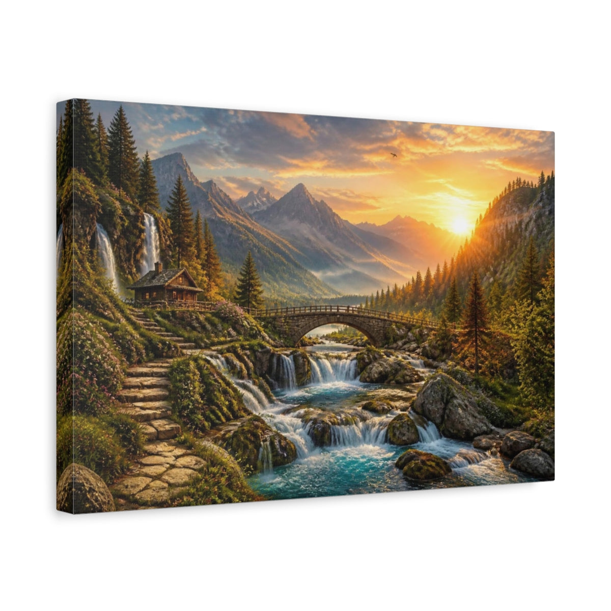 Side Mockup 4. Sunrise Waterfall Landscape shown as canvas print
