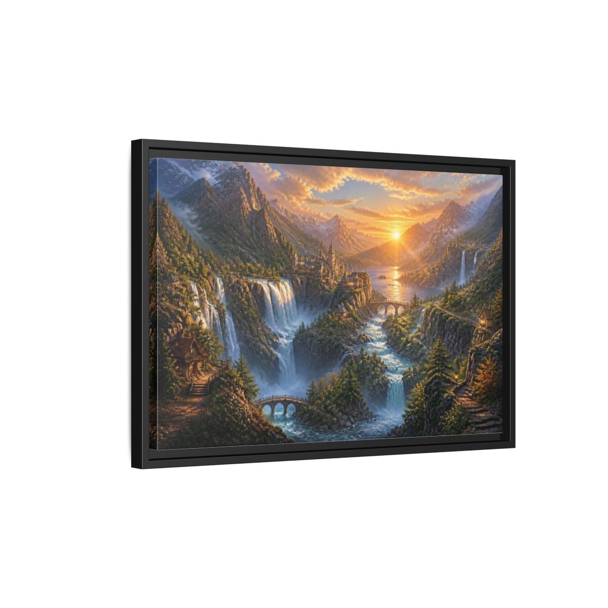 Side Mockup 3. Sunrise Waterfall Landscape shown as framed canvas print