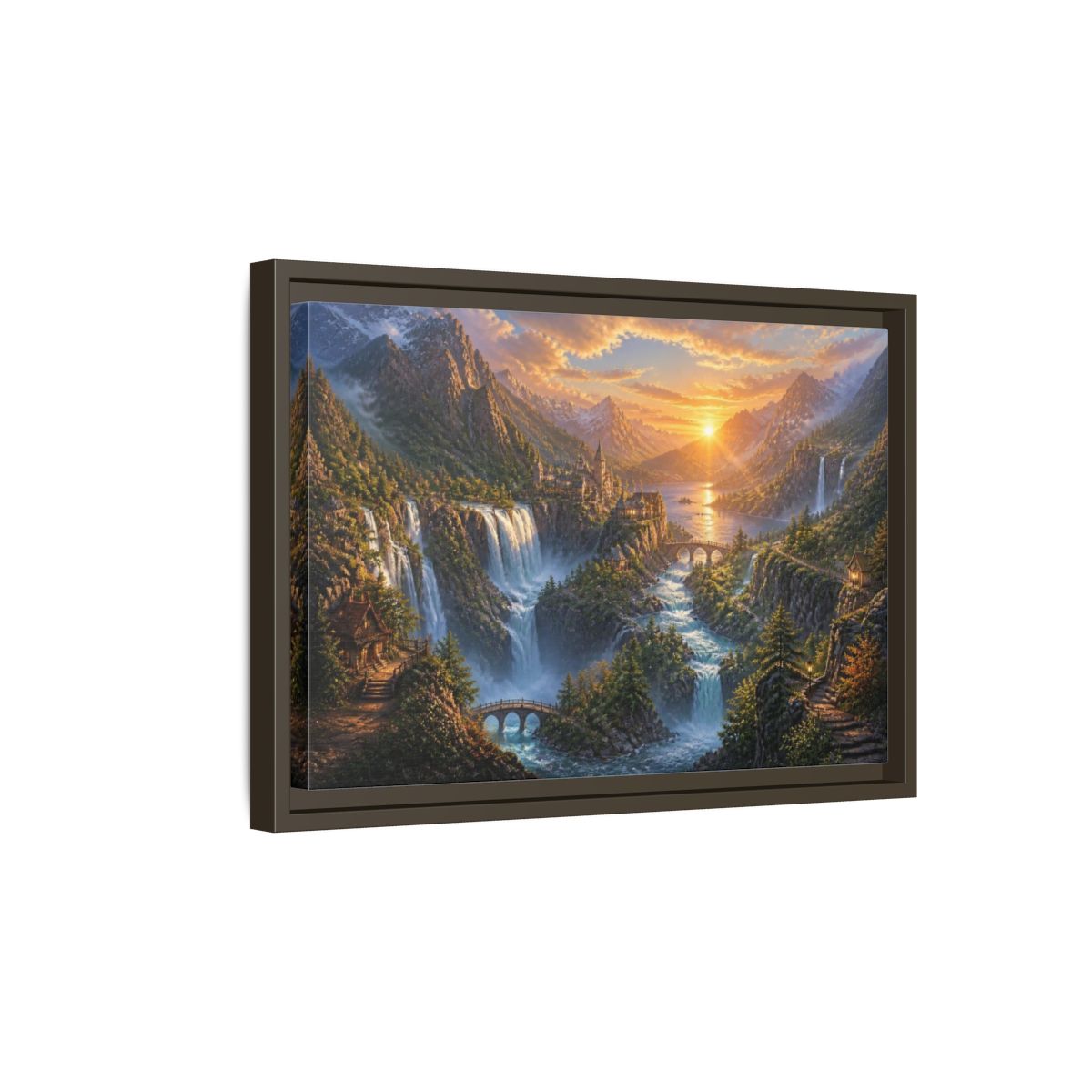 Side Mockup 5. Sunrise Waterfall Landscape shown as framed canvas print