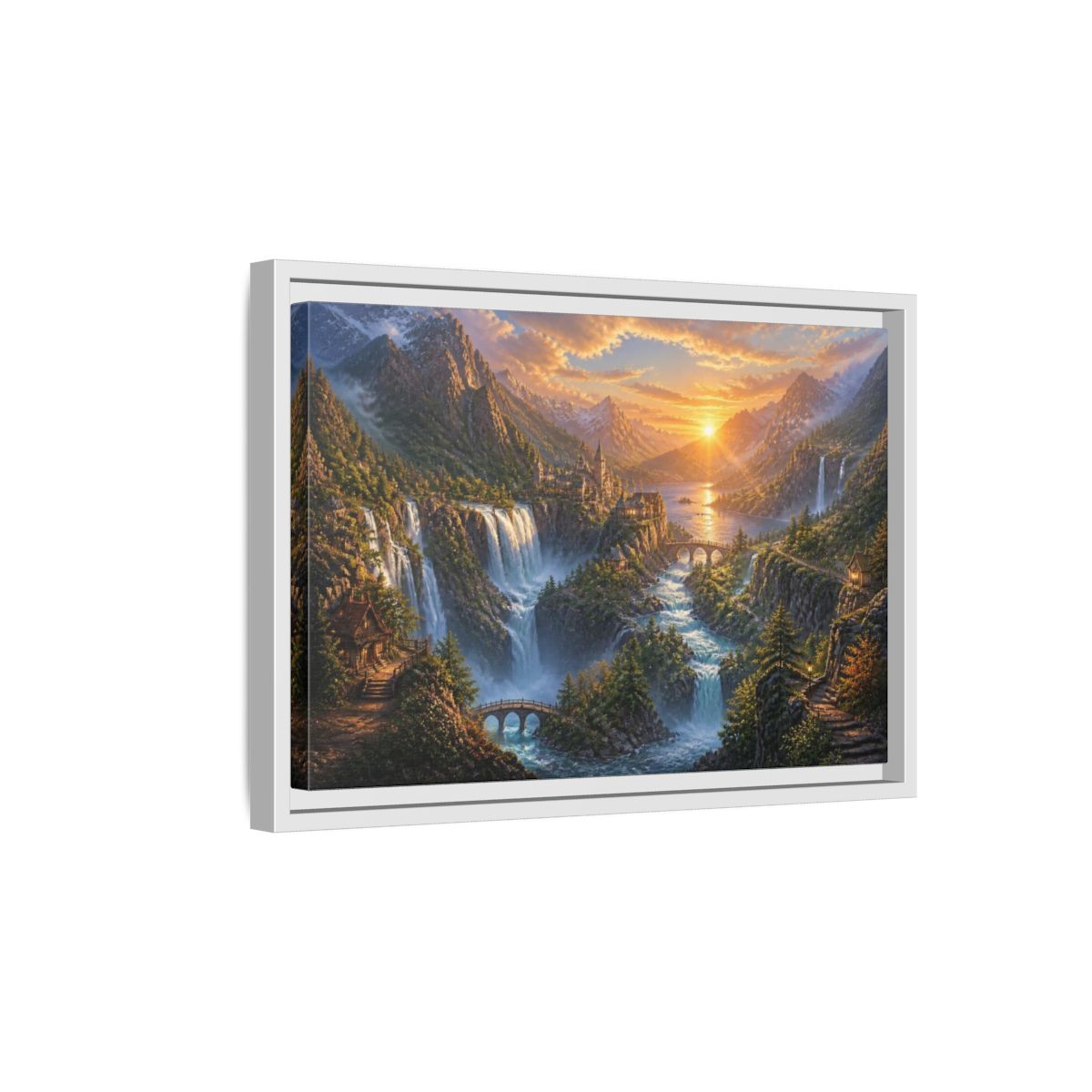 Side Mockup 4. Sunrise Waterfall Landscape shown as framed canvas print