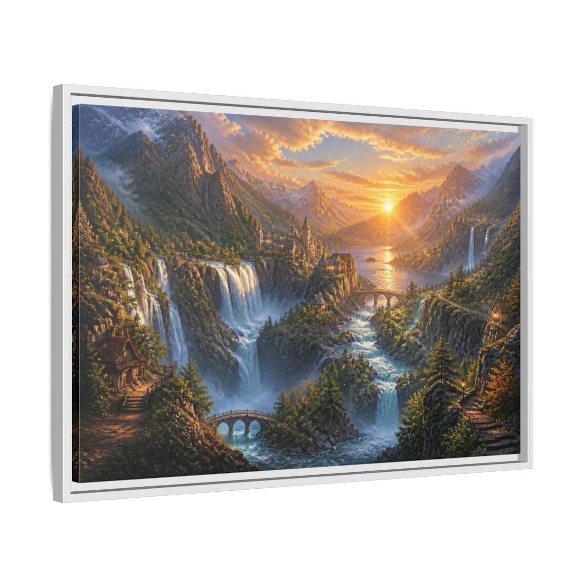 Side Mockup 10. Sunrise Waterfall Landscape shown as framed canvas print