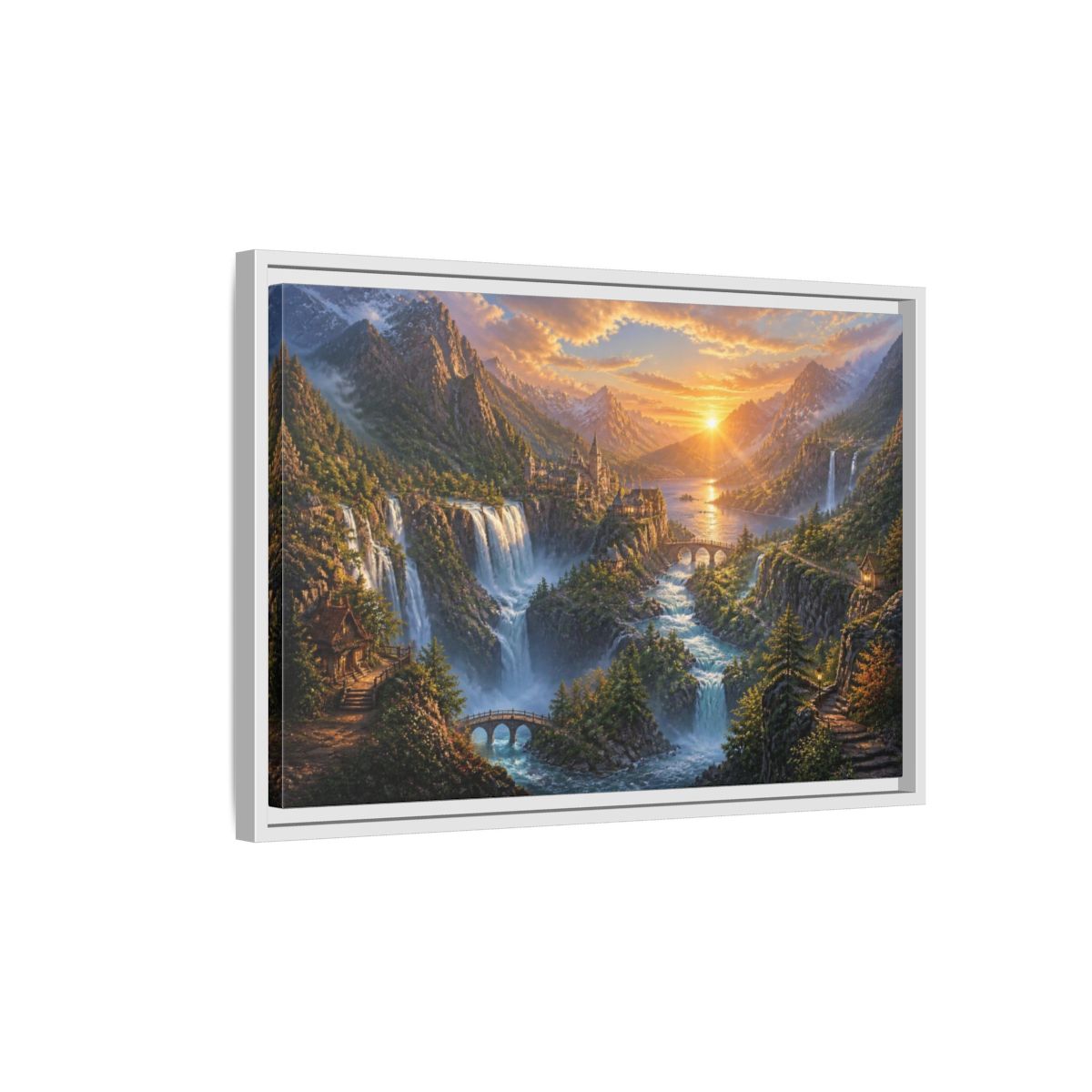 Side Mockup 1. Sunrise Waterfall Landscape shown as framed canvas print