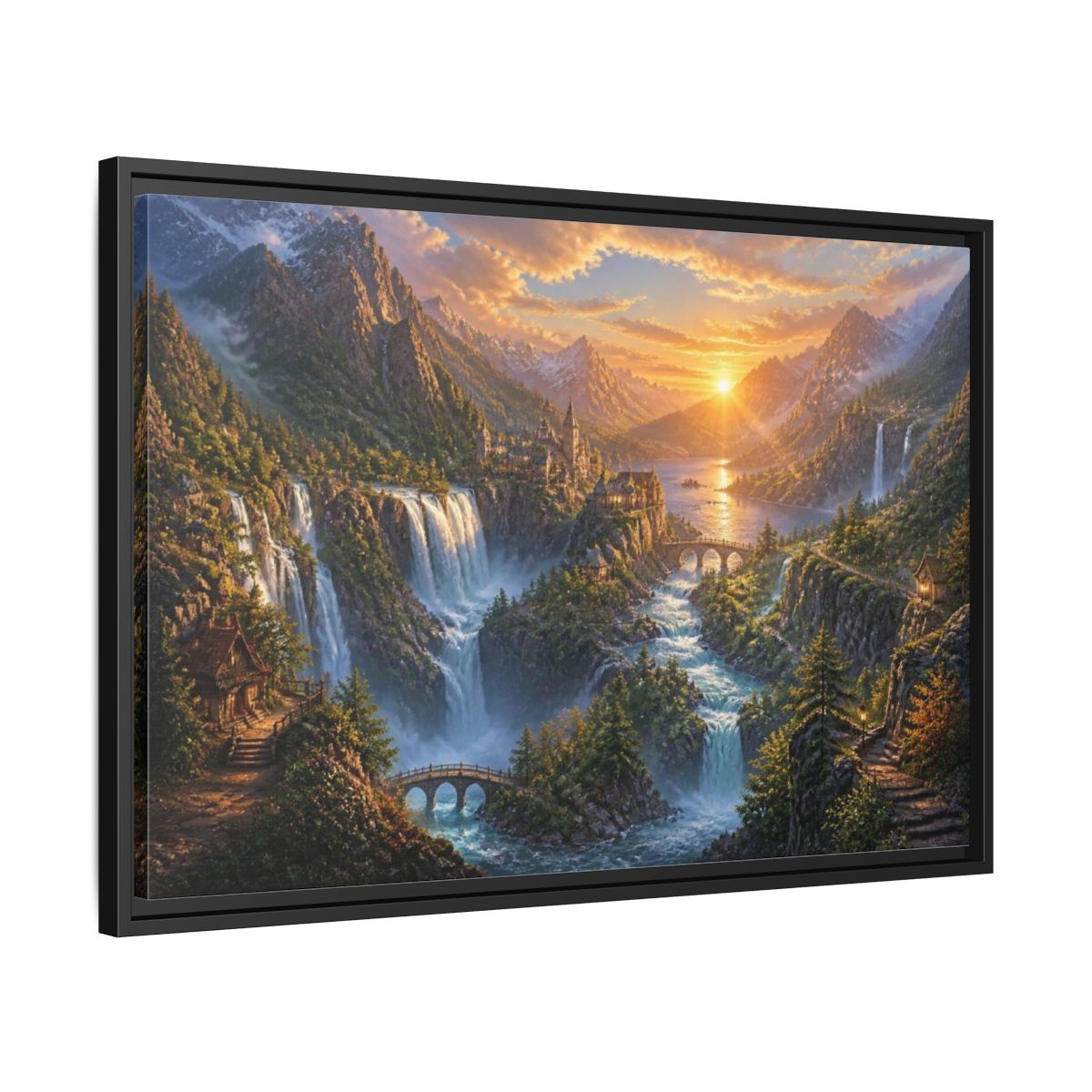 Side Mockup 14. Sunrise Waterfall Landscape shown as framed canvas print