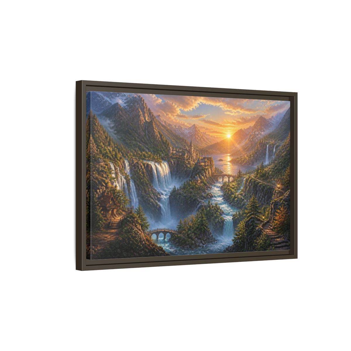 Side Mockup 2. Sunrise Waterfall Landscape shown as framed canvas print