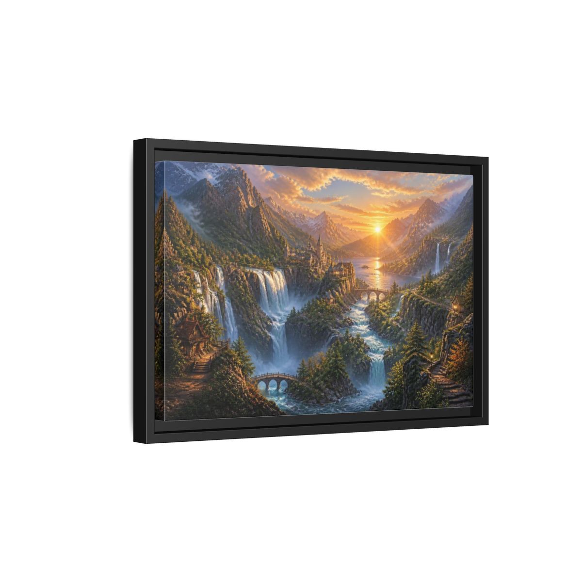 Side Mockup 6. Sunrise Waterfall Landscape shown as framed canvas print