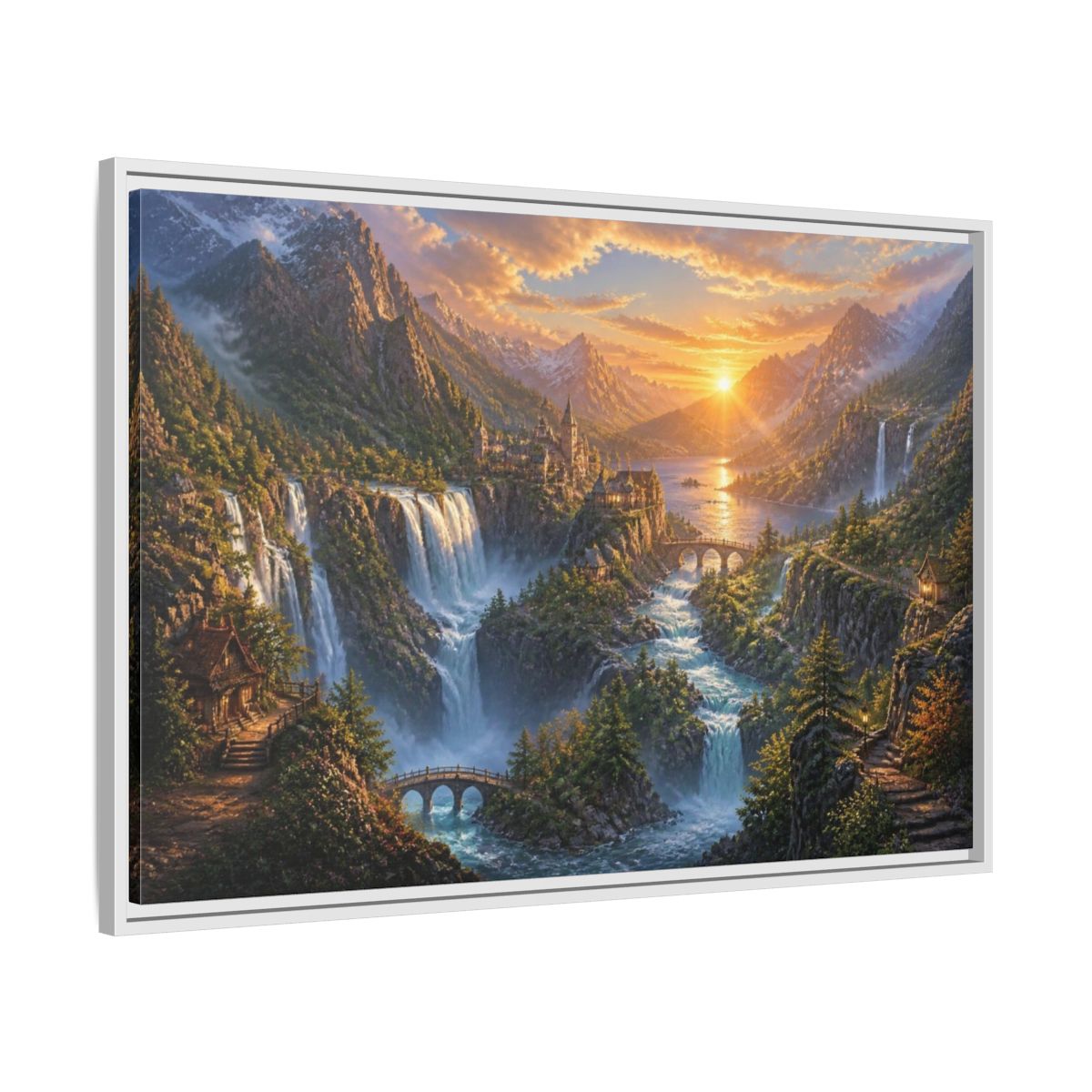 Side Mockup 9. Sunrise Waterfall Landscape shown as framed canvas print