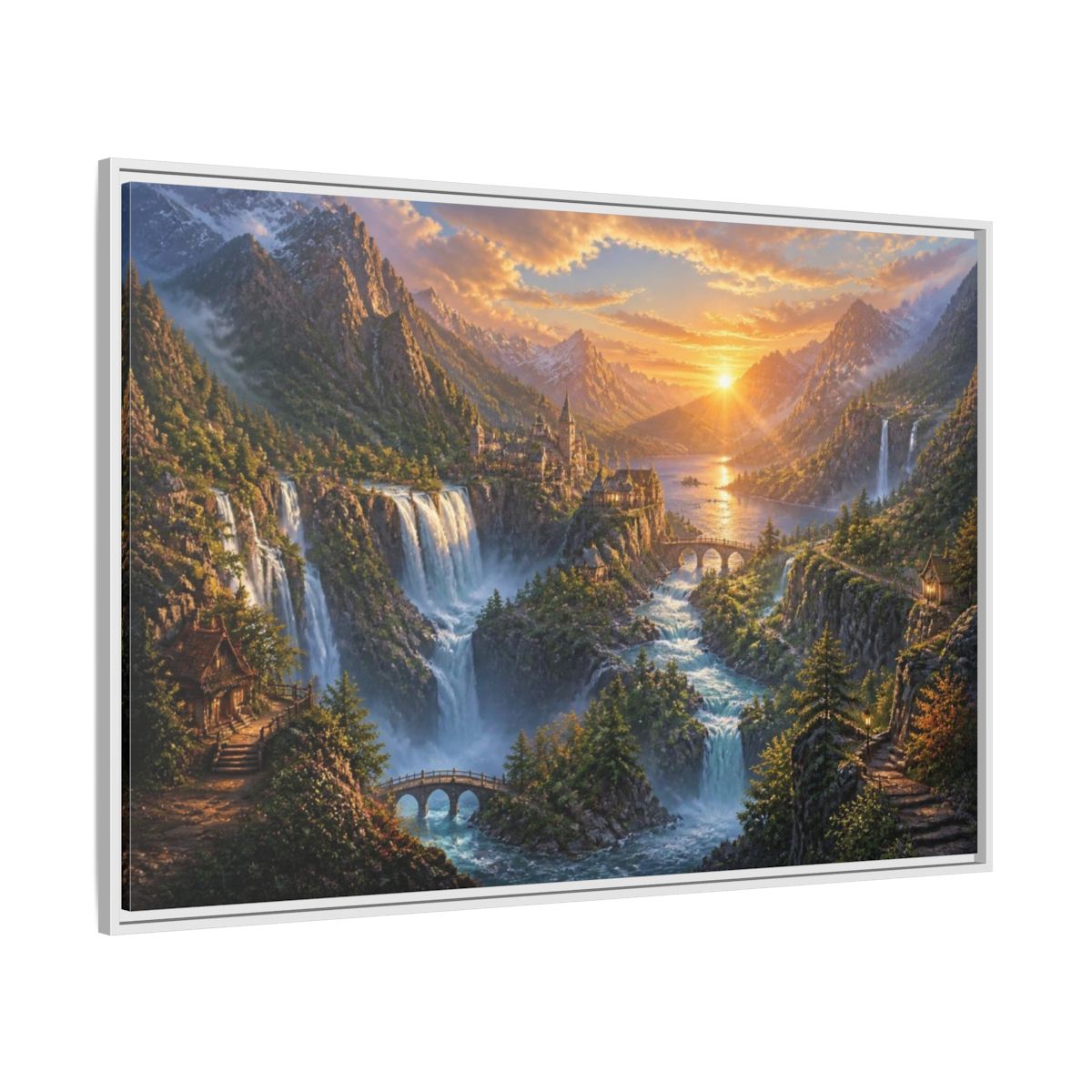 Side Mockup 7. Sunrise Waterfall Landscape shown as framed canvas print