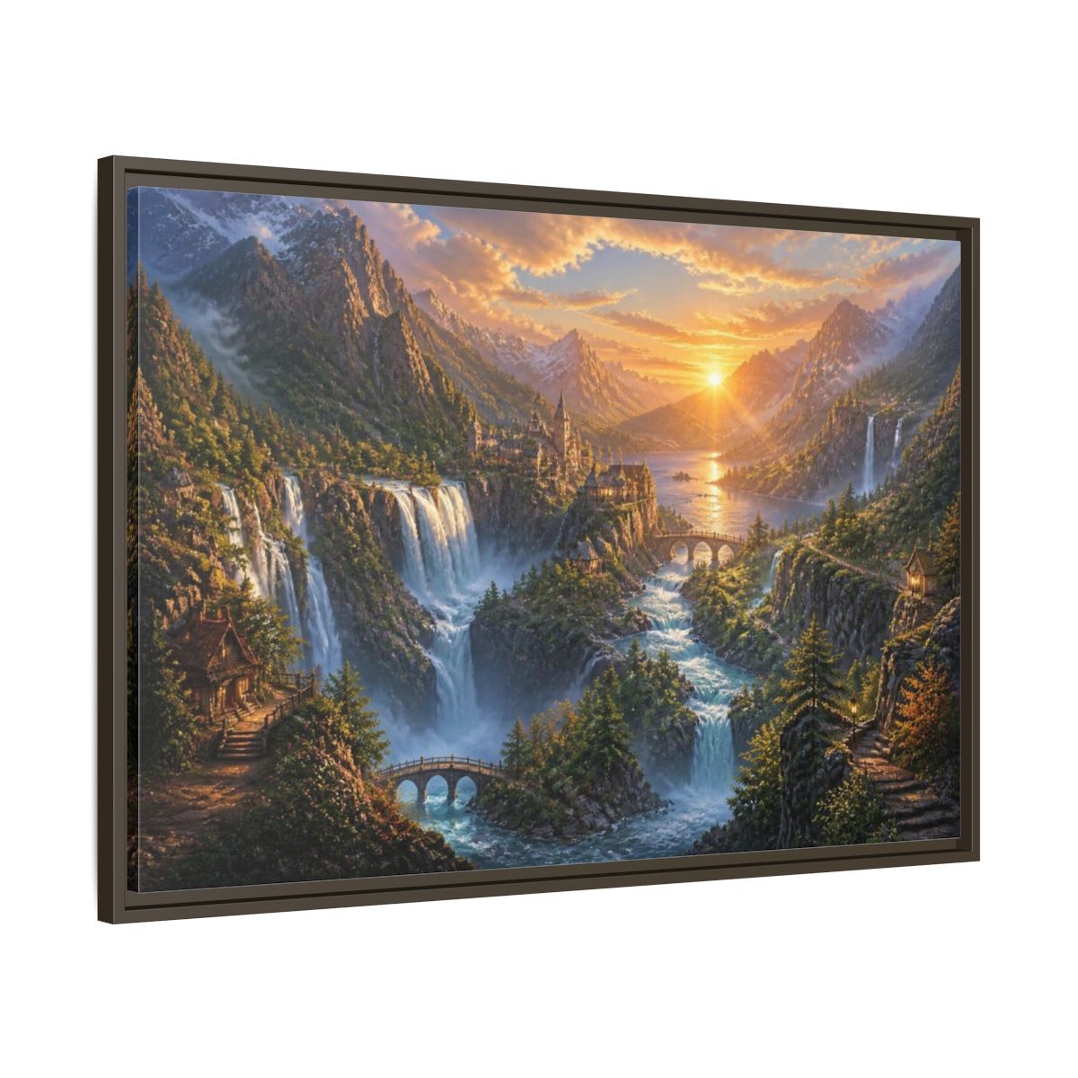 Main Mockup. Sunrise Waterfall Landscape shown as framed canvas print