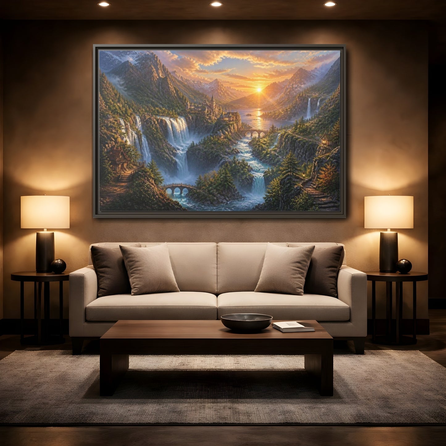 Mockup 2. Sunrise Waterfall Landscape shown as framed canvas print