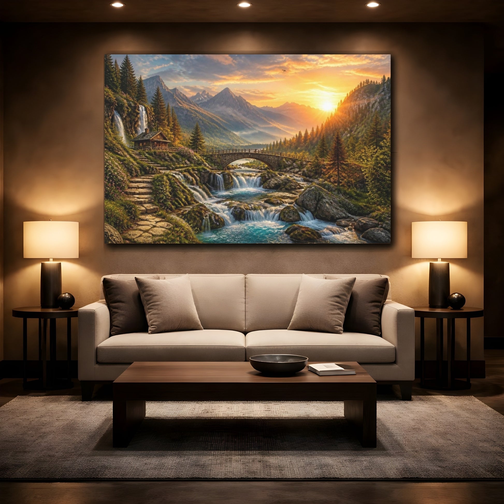 Mockup 2. Sunrise Waterfall Landscape shown as canvas print