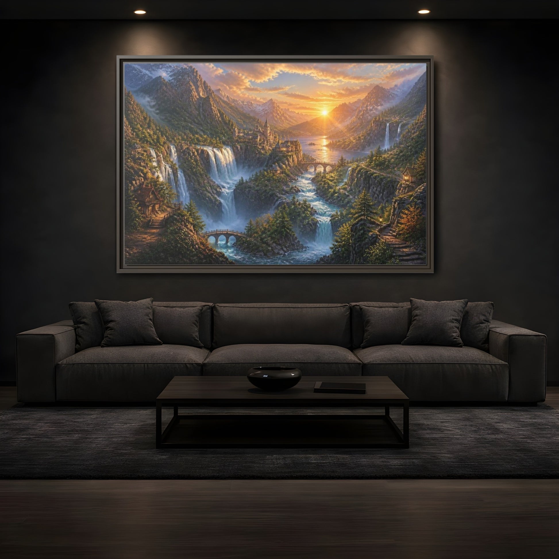 Mockup 3. Sunrise Waterfall Landscape shown as framed canvas print