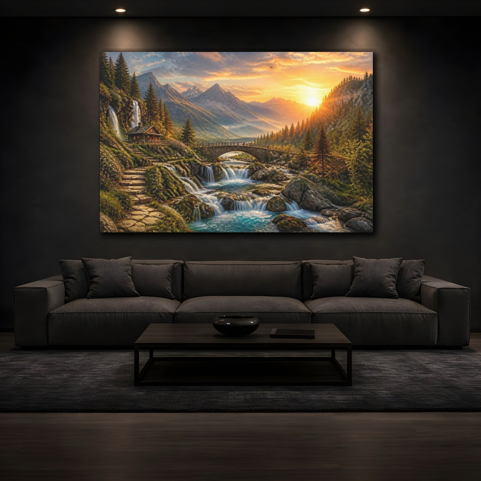 Mockup 3. Sunrise Waterfall Landscape shown as canvas print