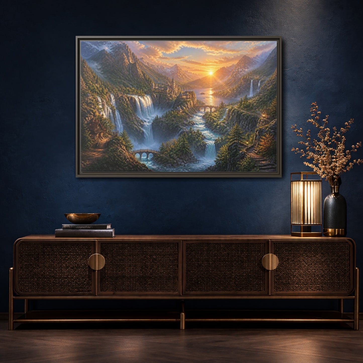 Mockup 4. Sunrise Waterfall Landscape shown as framed canvas print