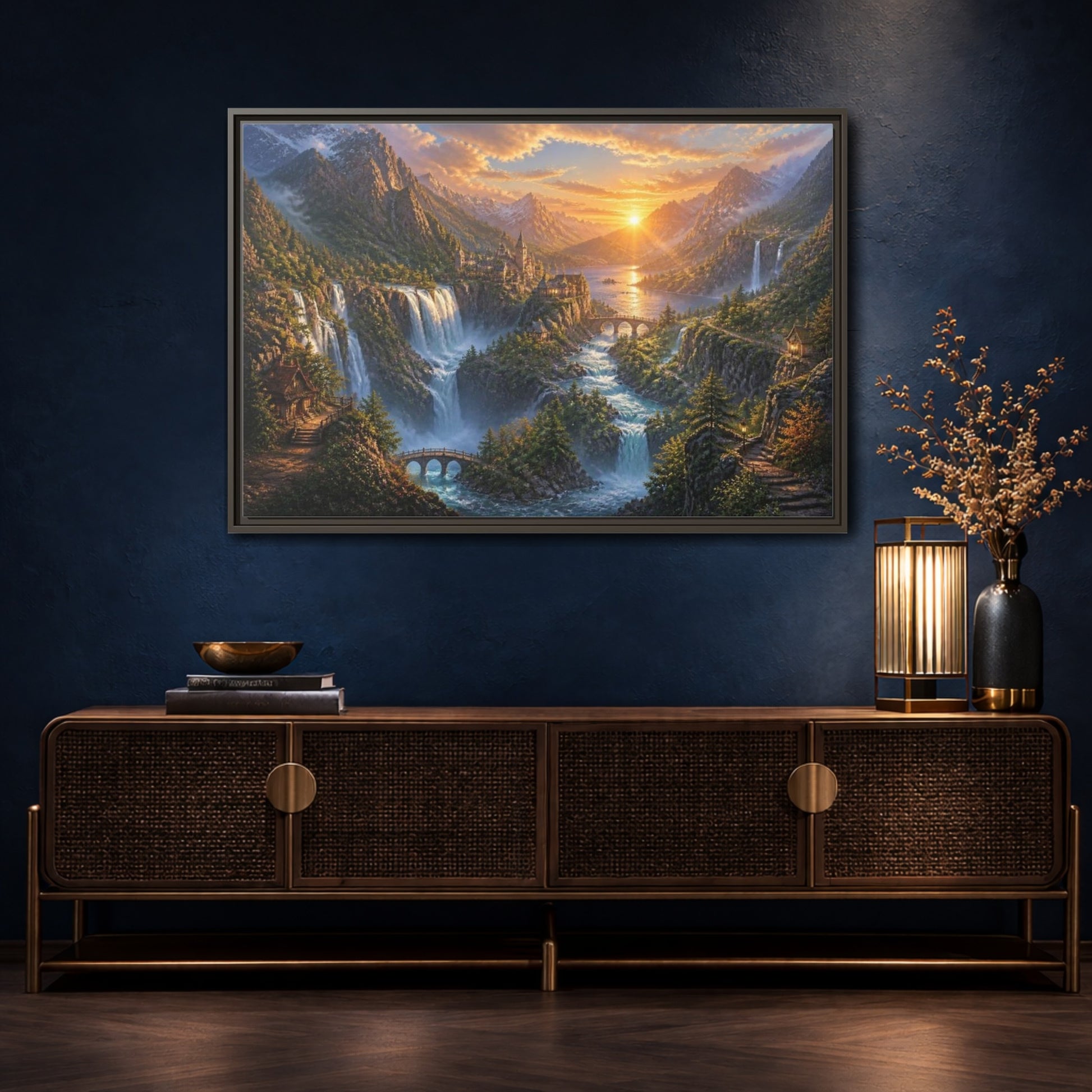 Mockup 4. Sunrise Waterfall Landscape shown as framed canvas print