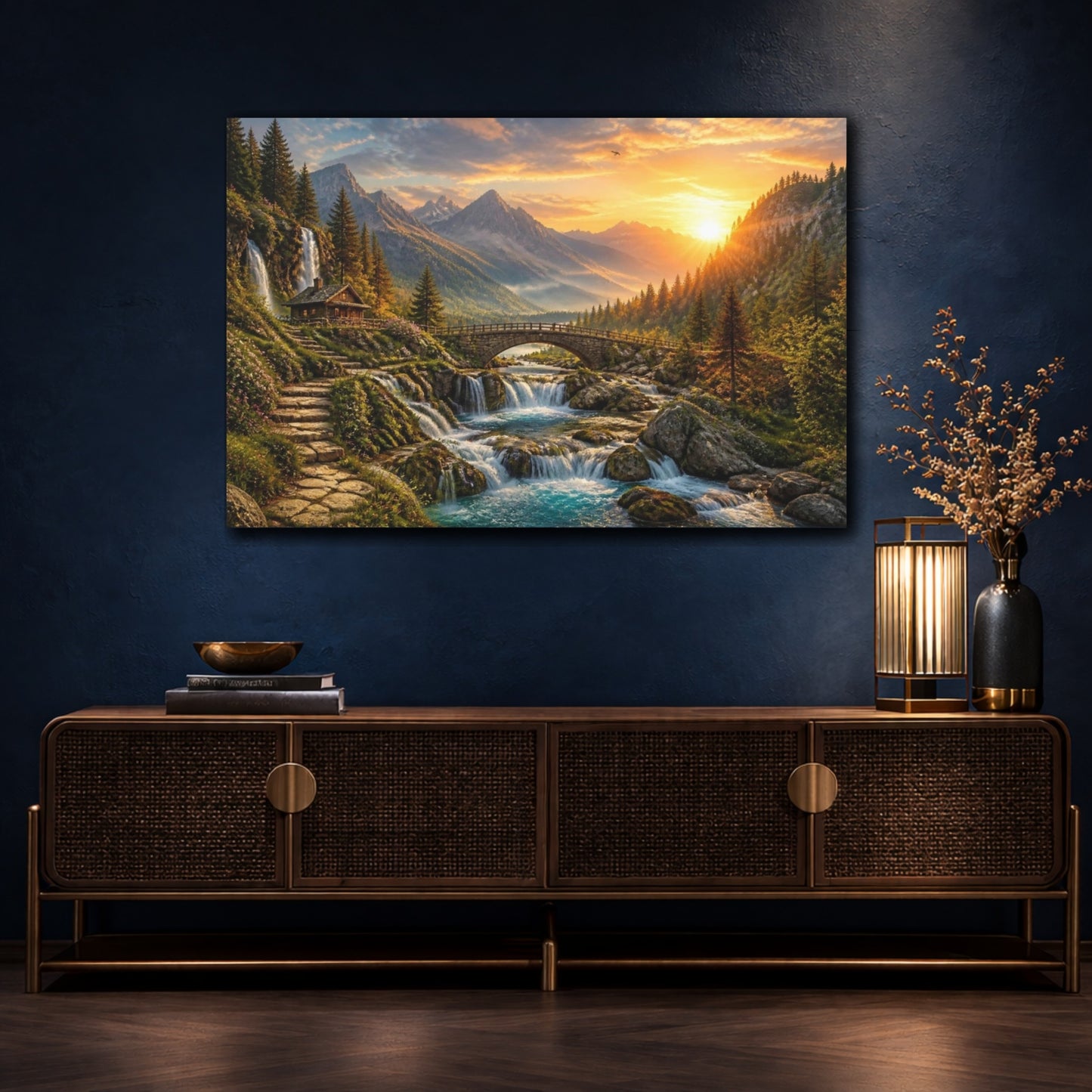 Mockup 4. Sunrise Waterfall Landscape shown as canvas print