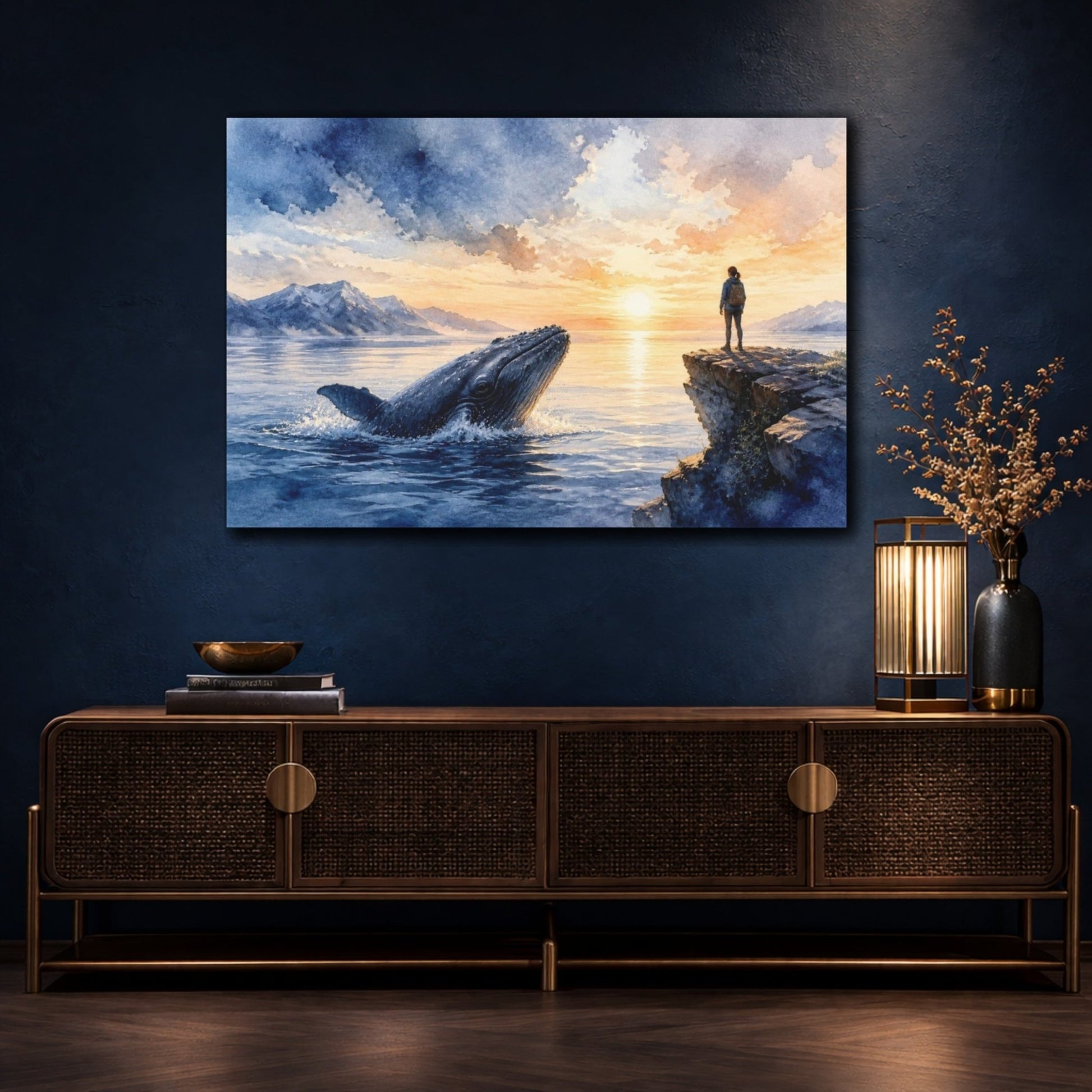 Sunrise Whale Motivation Canvas Print – Living Room, Above Console Table, Indigo & Peach - YesArtYes
