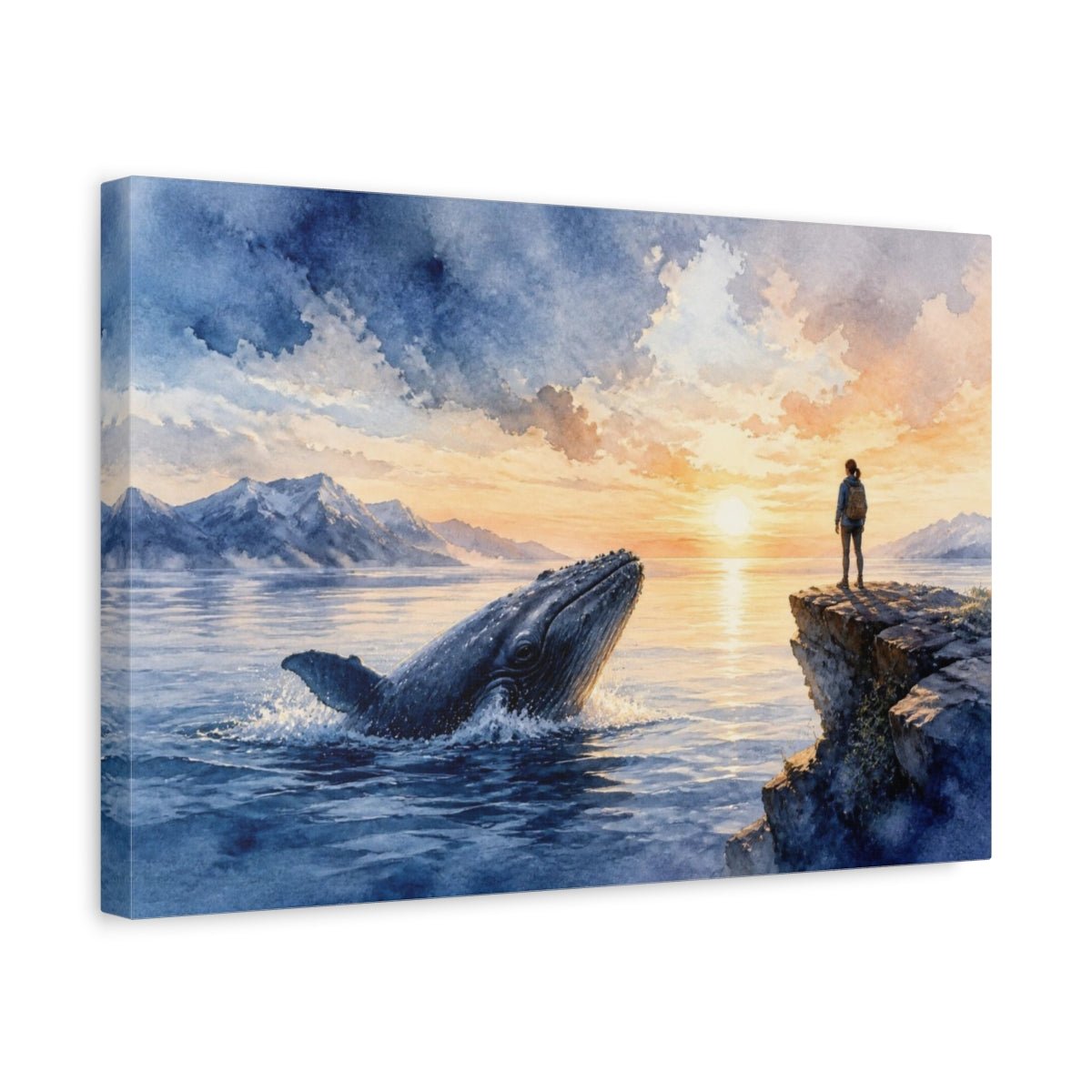 Sunrise Whale Motivation Canvas Print – Living Room, Above Console Table, Indigo & Peach - YesArtYes