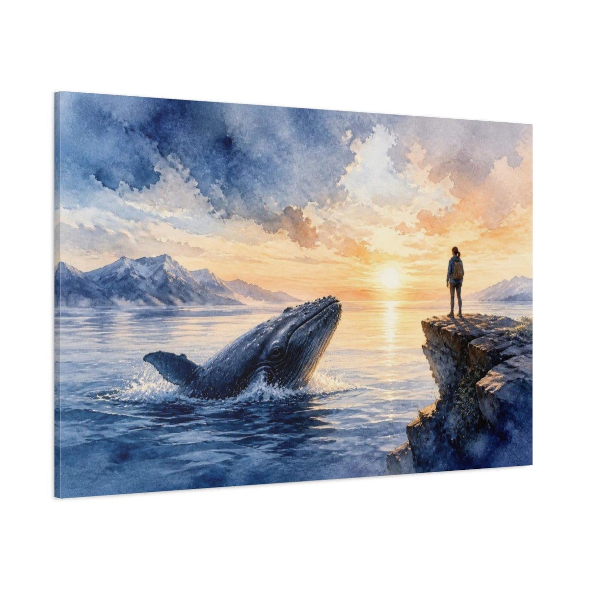 Sunrise Whale Motivation Canvas Print – Living Room, Above Console Table, Indigo & Peach - YesArtYes