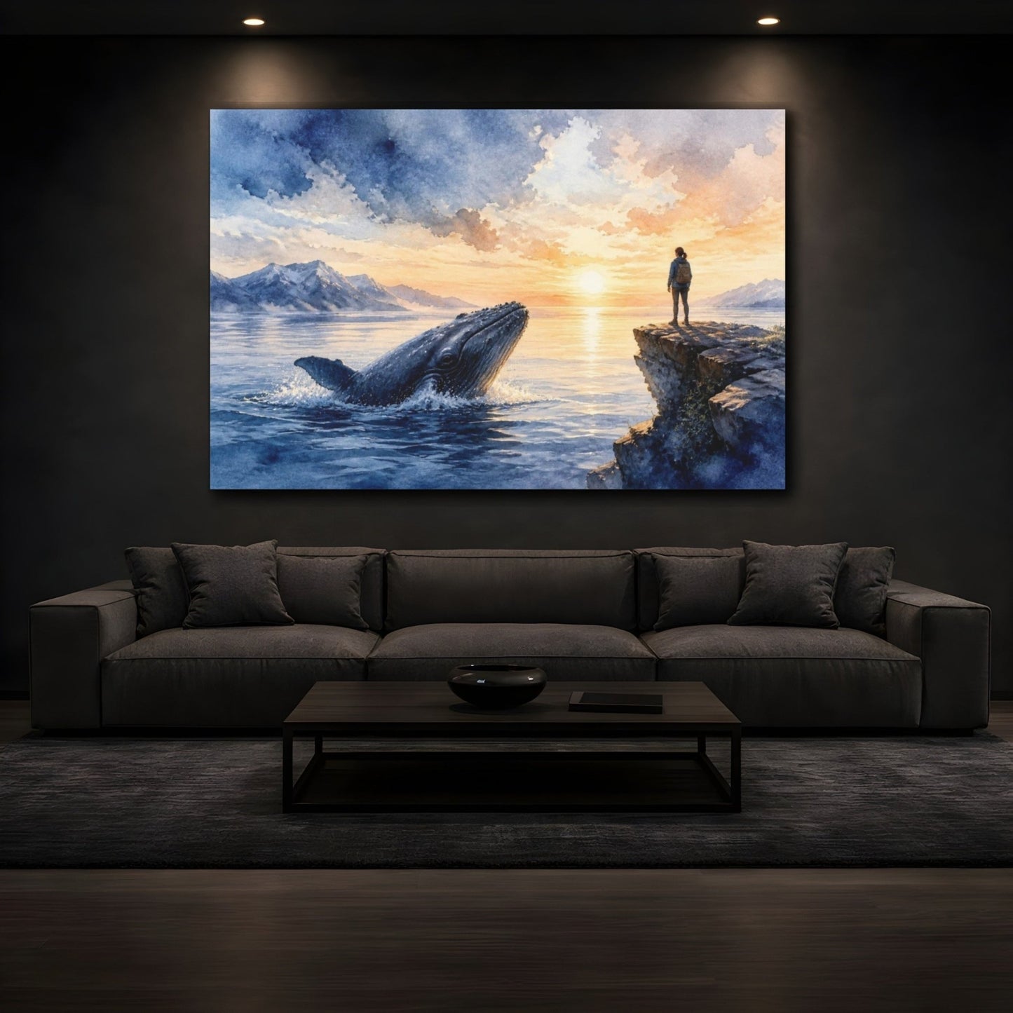 Sunrise Whale Motivation Canvas Print – Living Room, Above Console Table, Indigo & Peach - YesArtYes