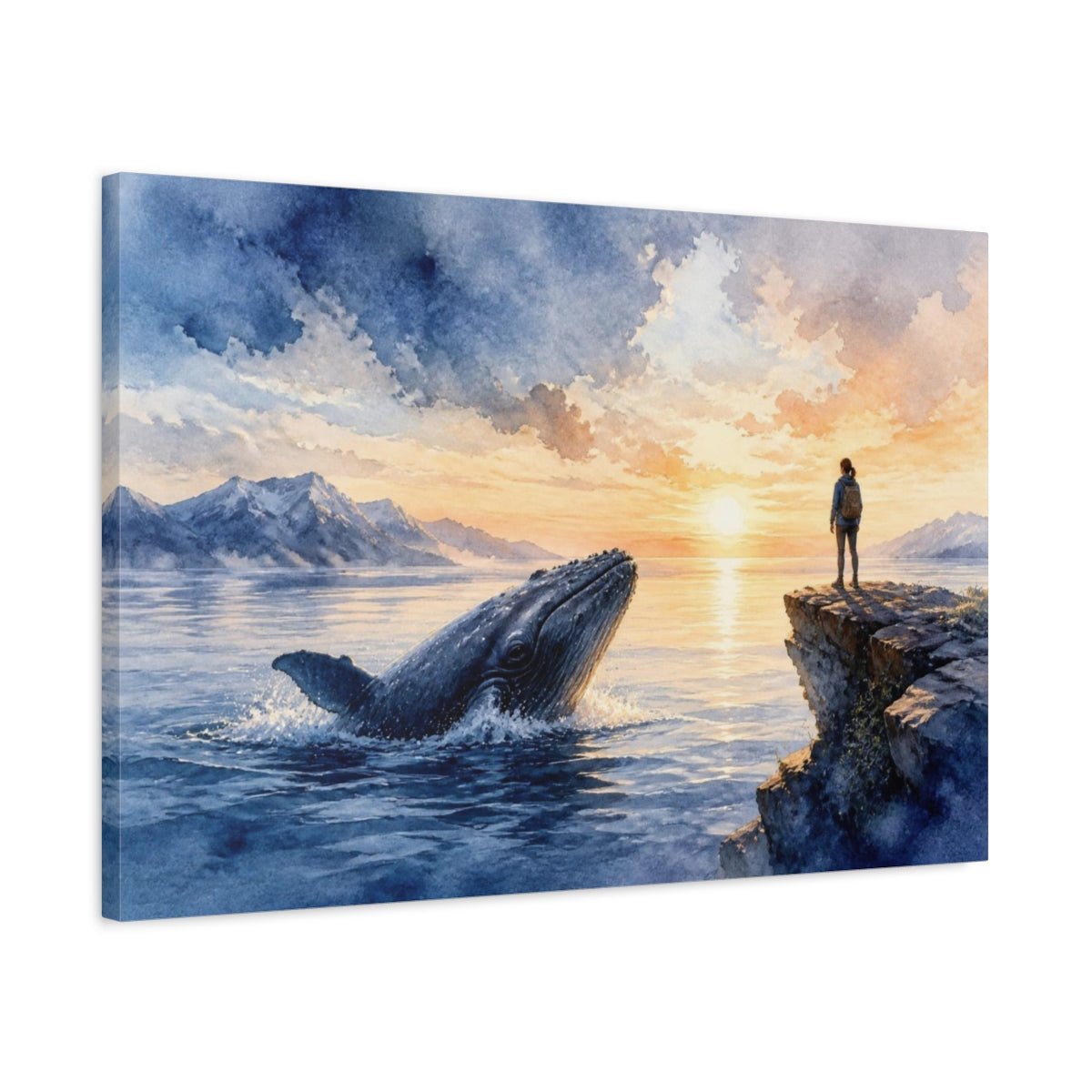 Sunrise Whale Motivation Canvas Print – Living Room, Above Console Table, Indigo & Peach - YesArtYes