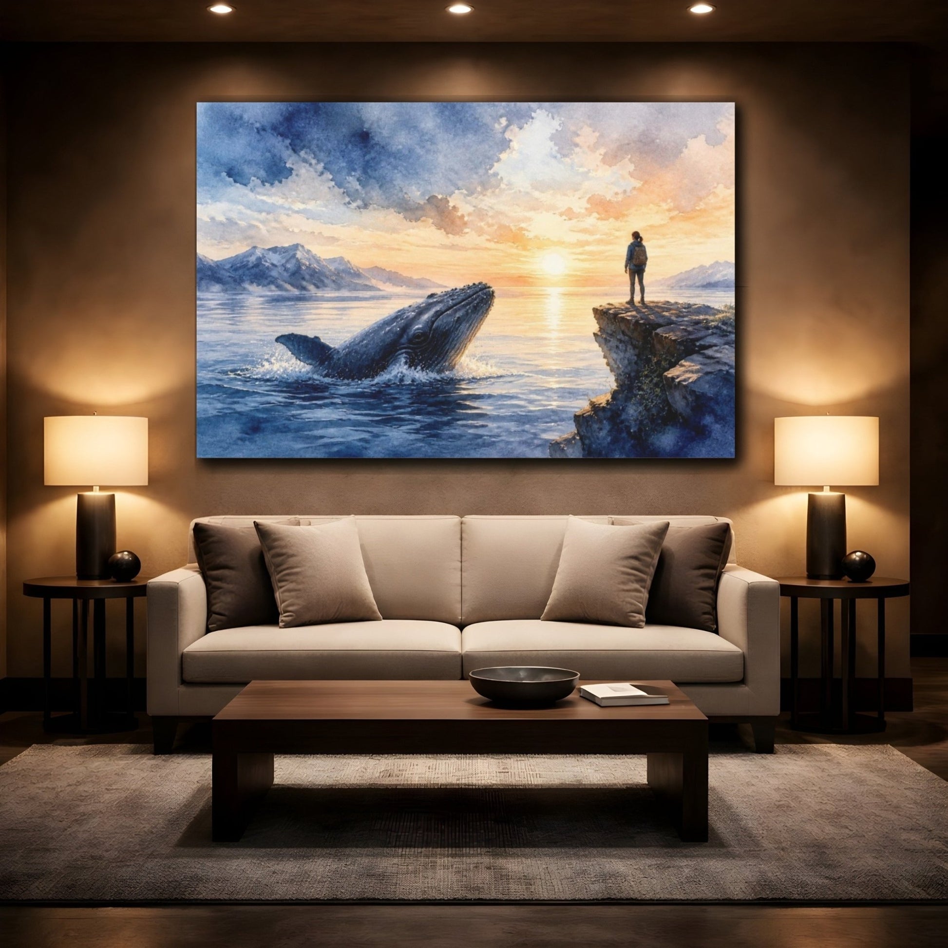 Sunrise Whale Motivation Canvas Print – Living Room, Above Console Table, Indigo & Peach - YesArtYes