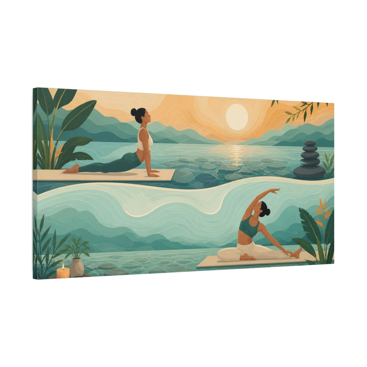 Main Mockup. Sunrise Yoga Stretch shown as canvas print