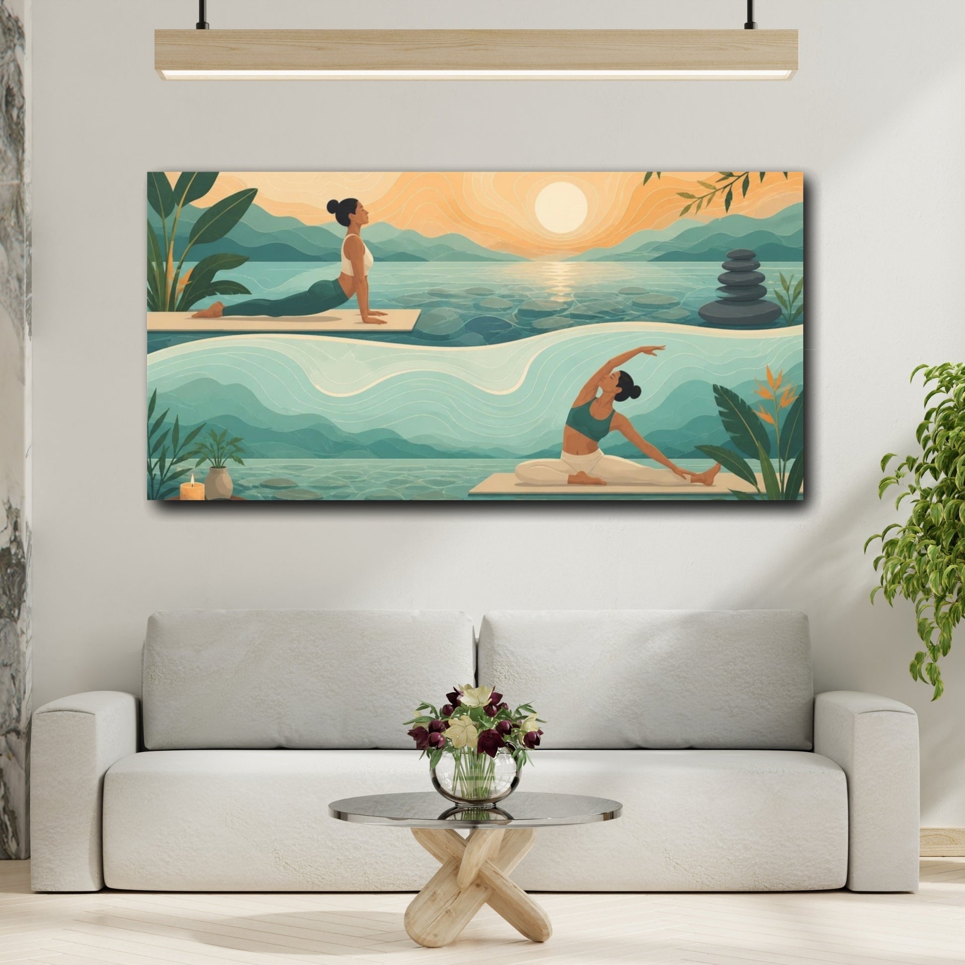 Mockup 2. Sunrise Yoga Stretch shown as canvas print