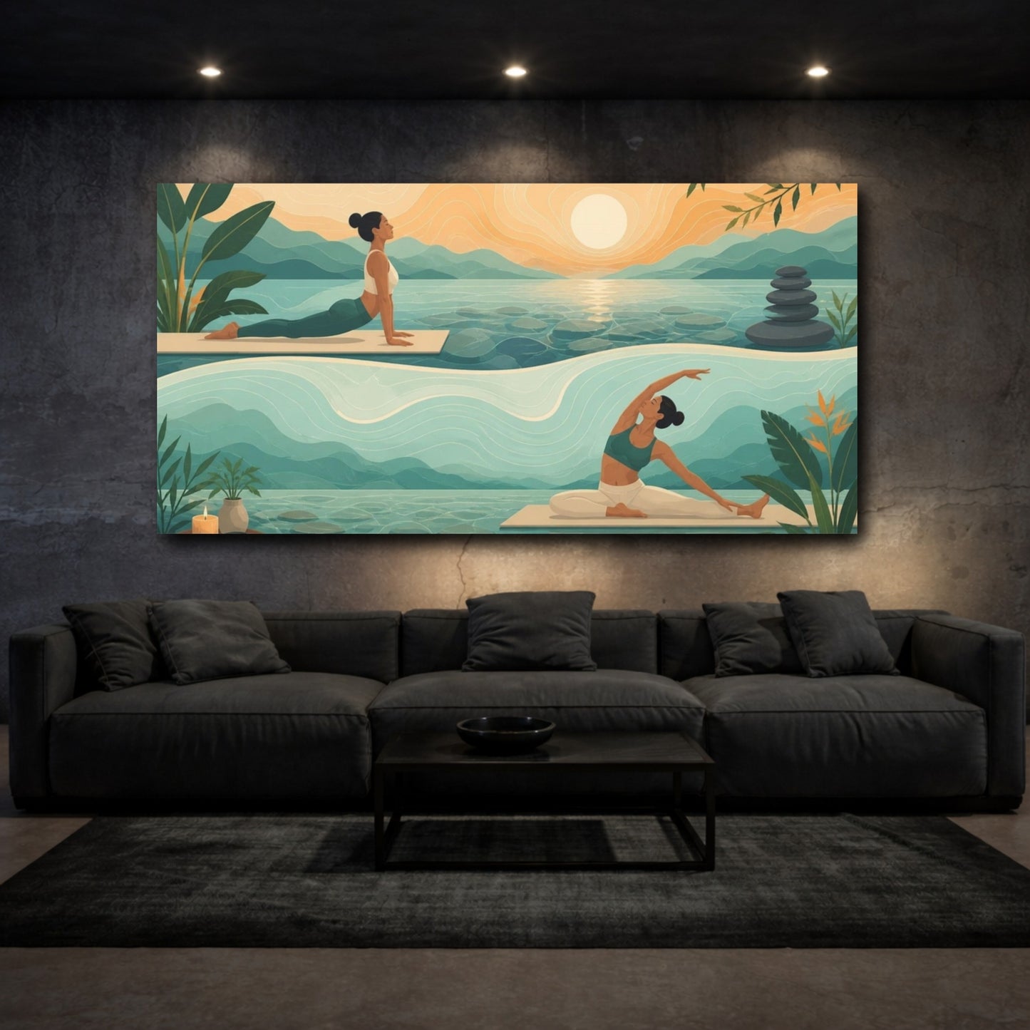 Mockup 3. Sunrise Yoga Stretch shown as canvas print