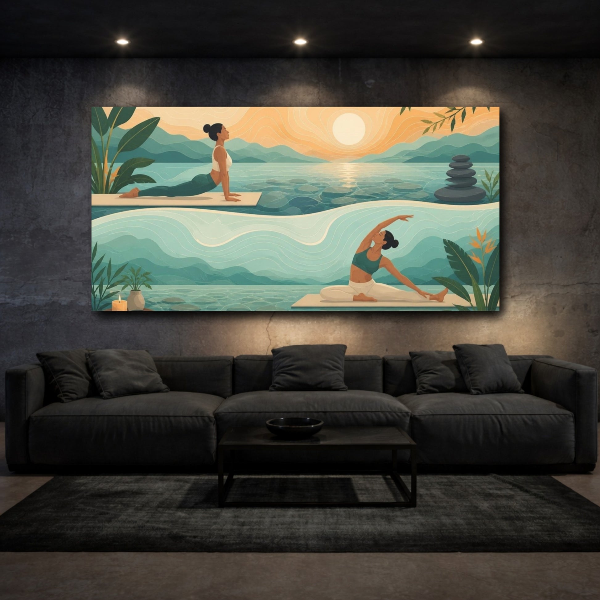 Mockup 3. Sunrise Yoga Stretch shown as canvas print