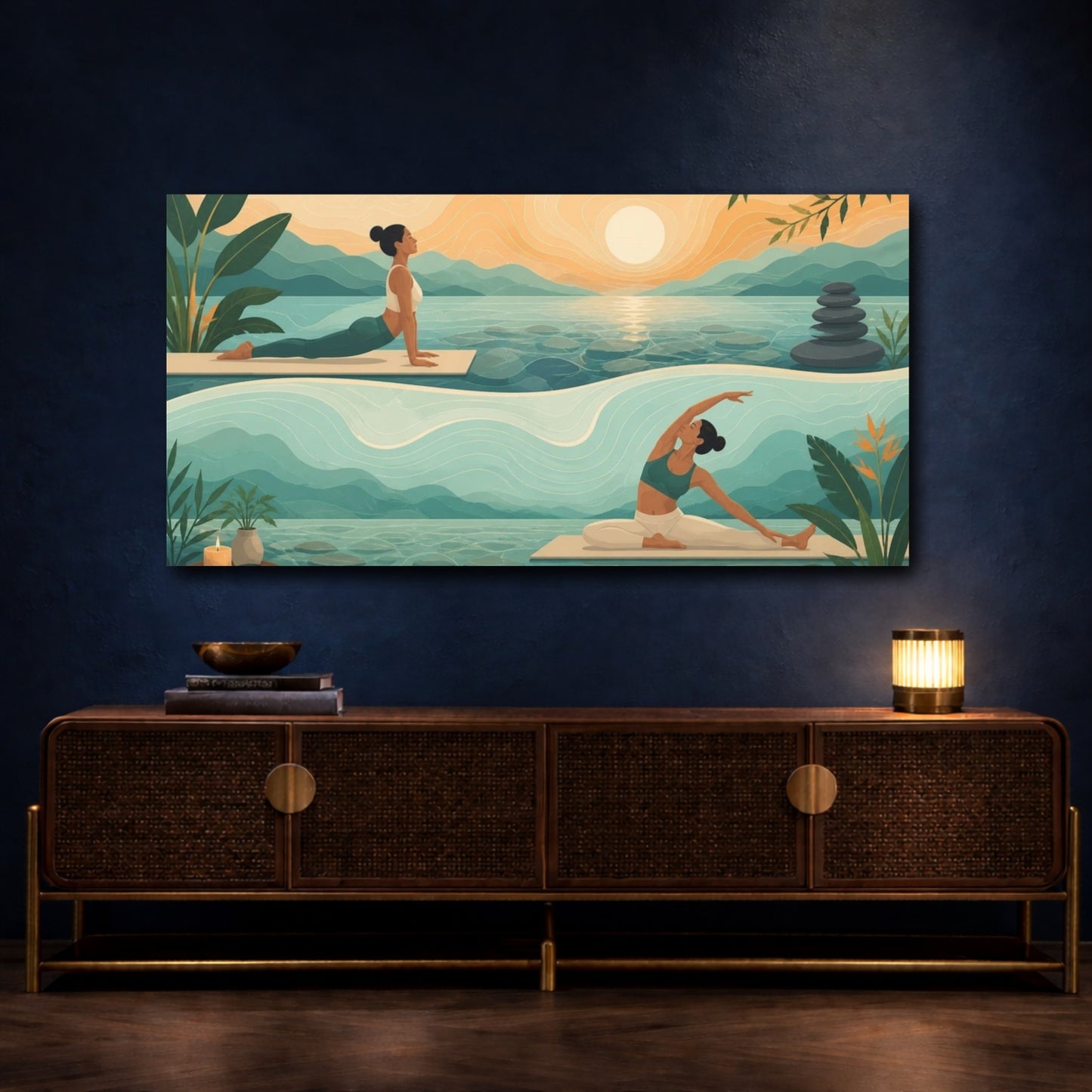 Mockup 4. Sunrise Yoga Stretch shown as canvas print