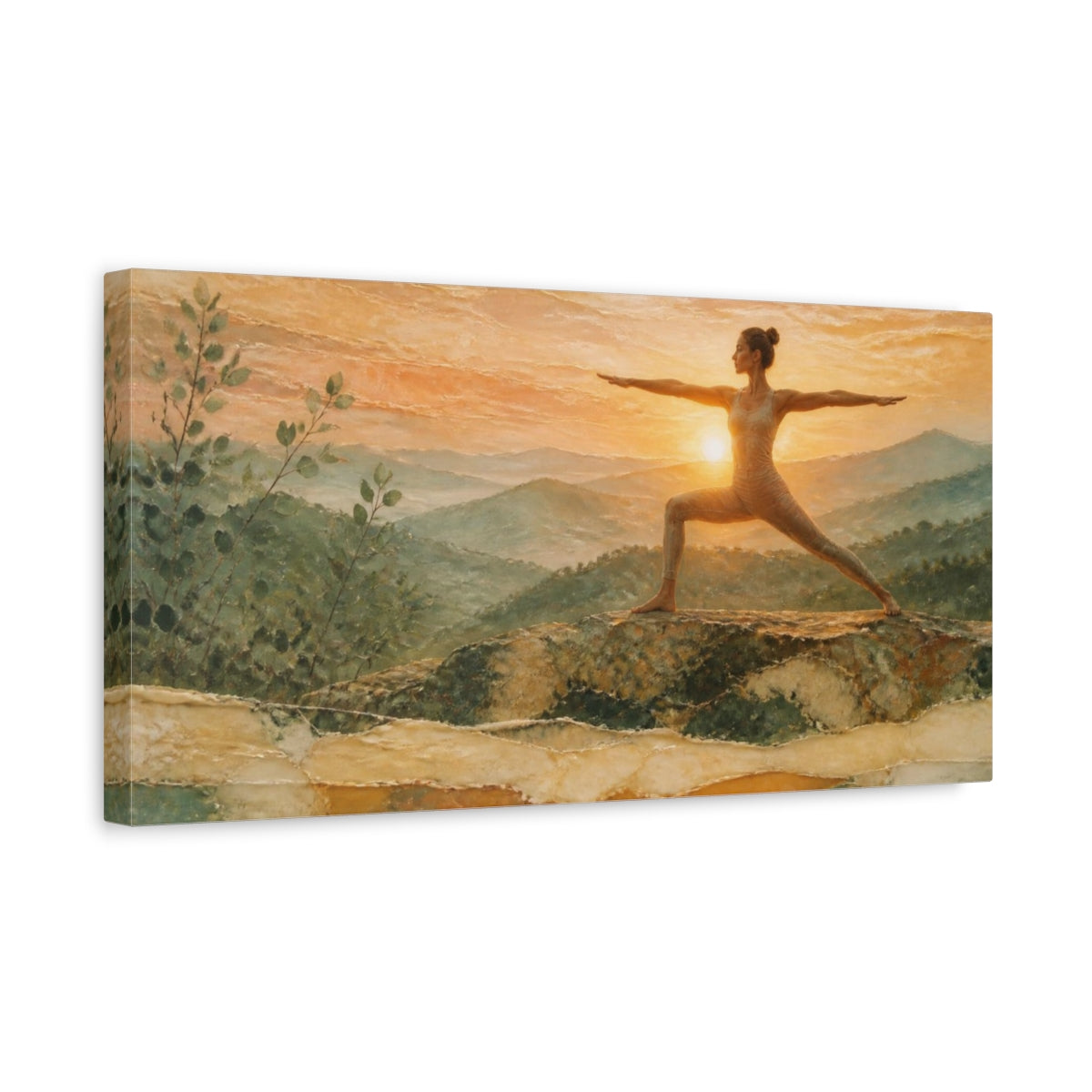 Side Mockup 3. Sunrise Yoga Warrior shown as canvas print