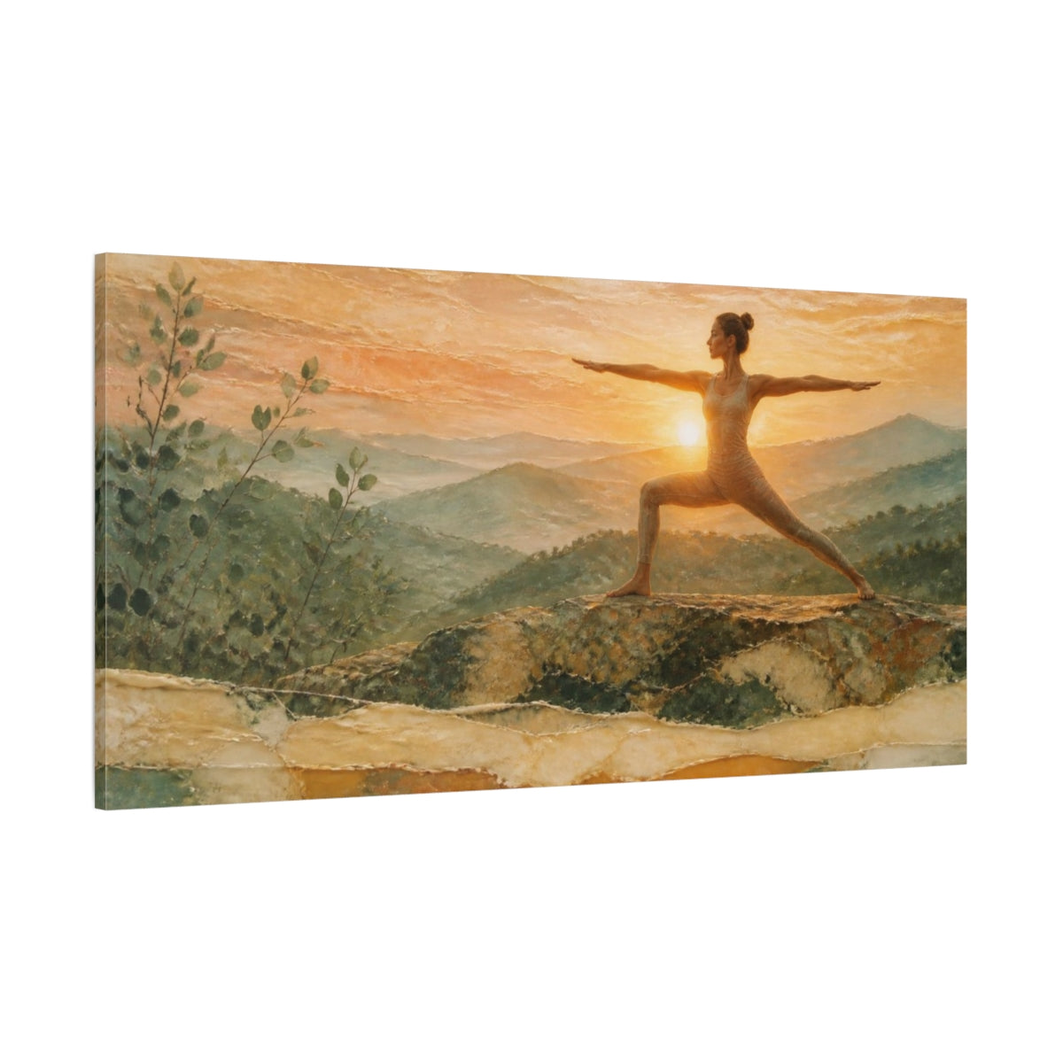 Side Mockup 2. Sunrise Yoga Warrior shown as canvas print