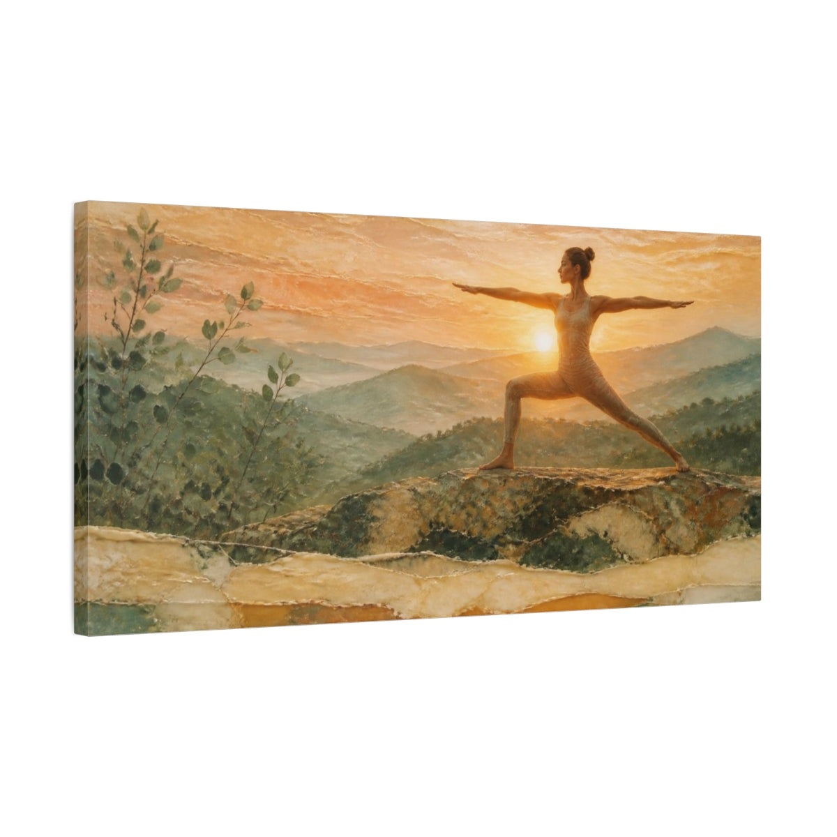 Side Mockup 1. Sunrise Yoga Warrior shown as canvas print
