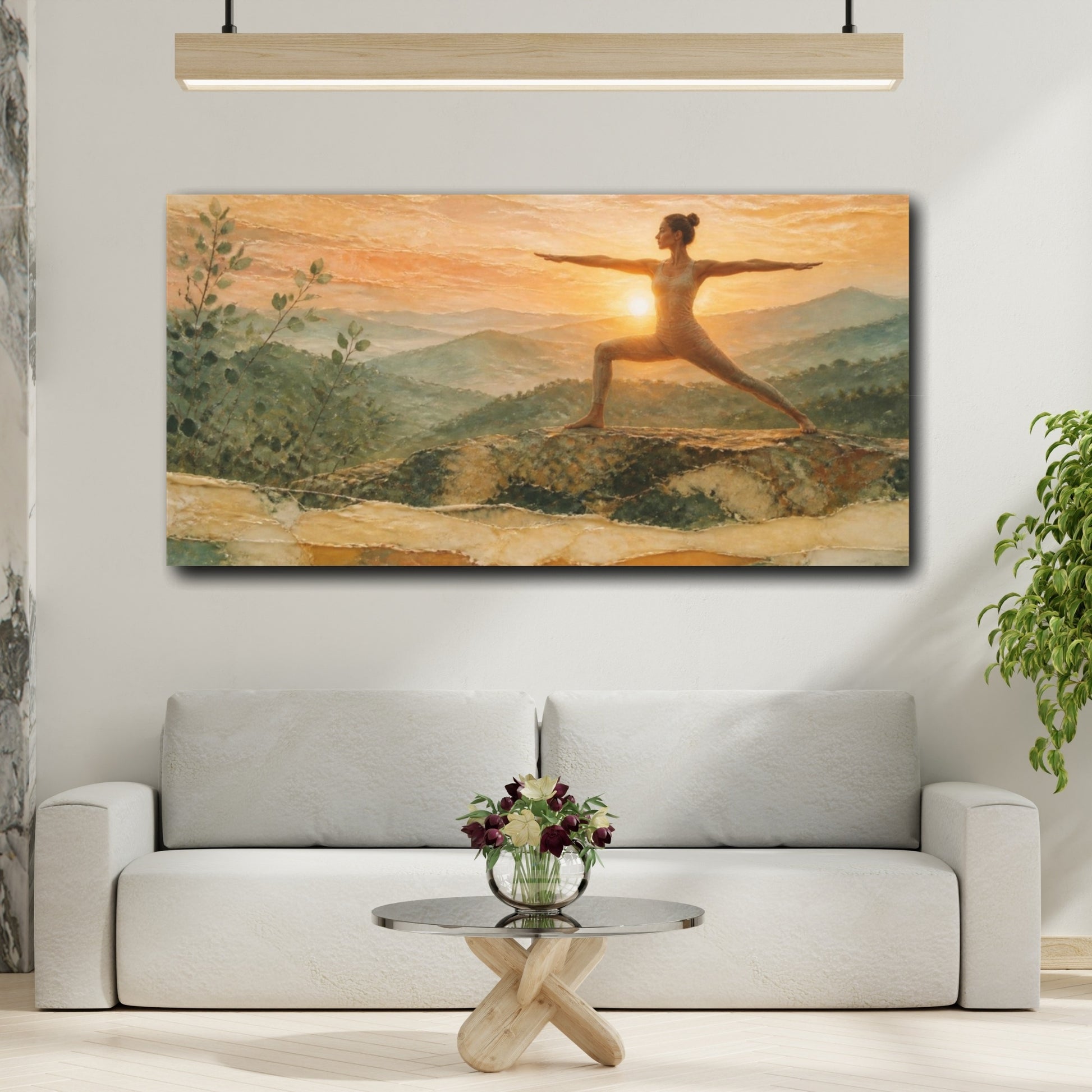 Mockup 2. Sunrise Yoga Warrior shown as canvas print