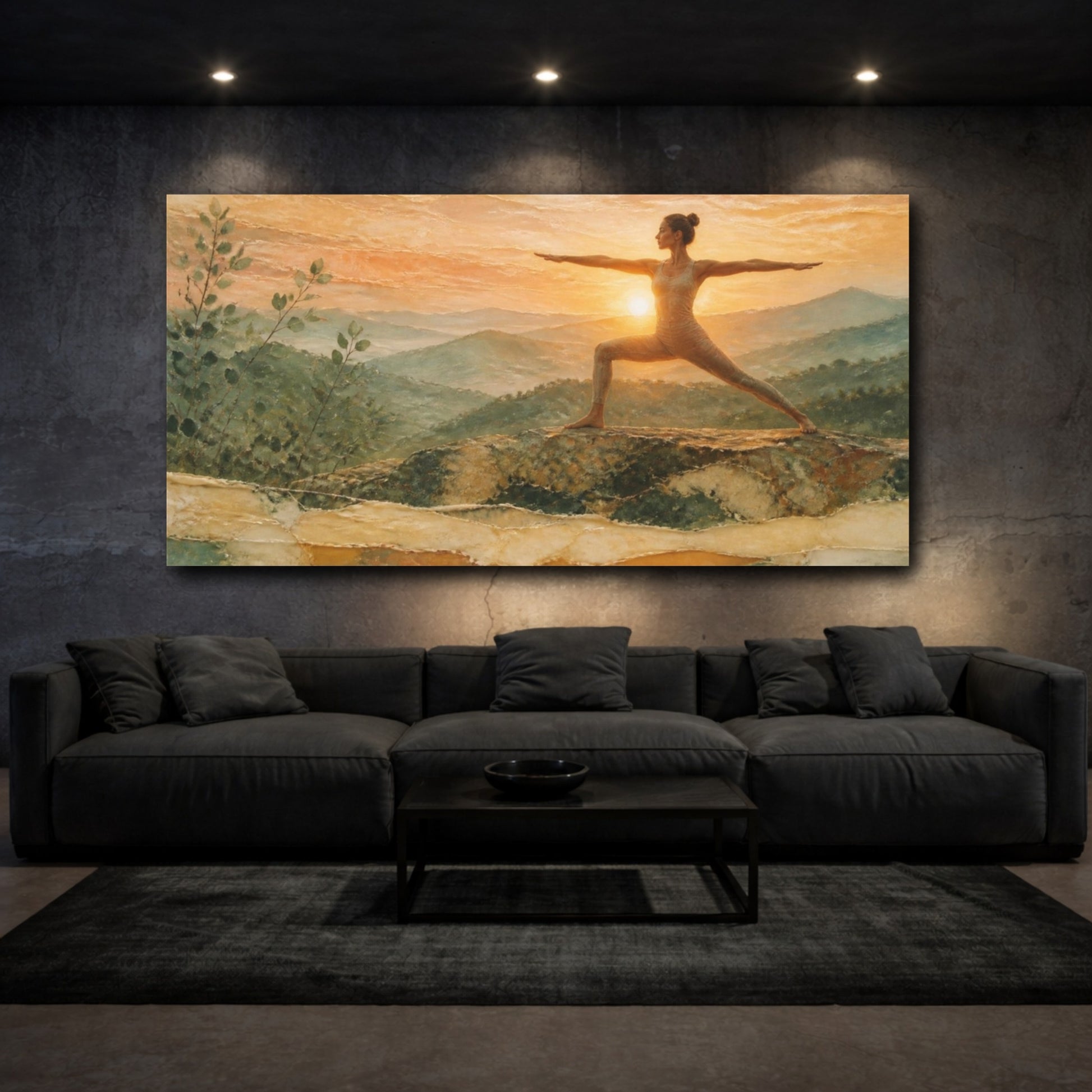 Mockup 3. Sunrise Yoga Warrior shown as canvas print