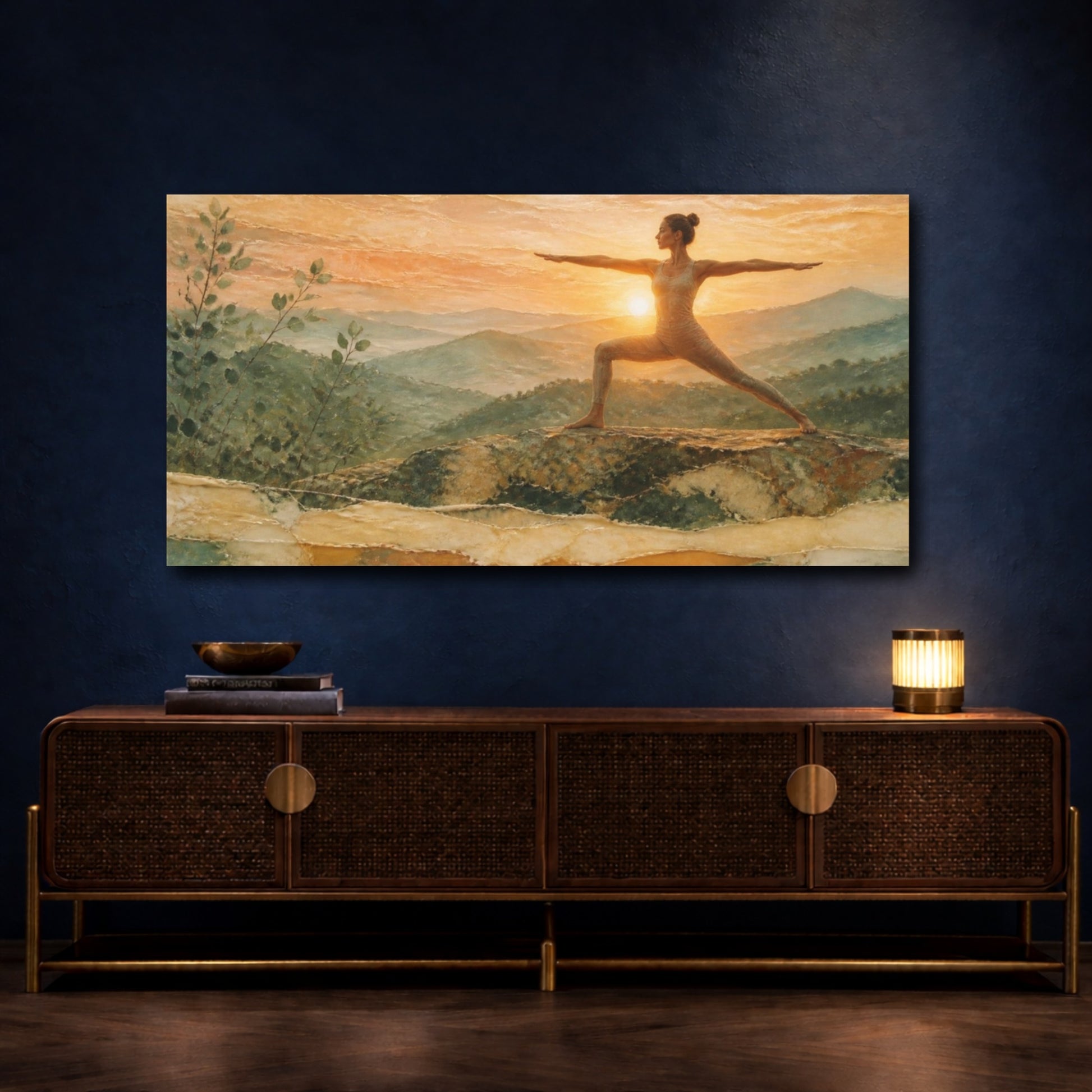 Mockup 4. Sunrise Yoga Warrior shown as canvas print
